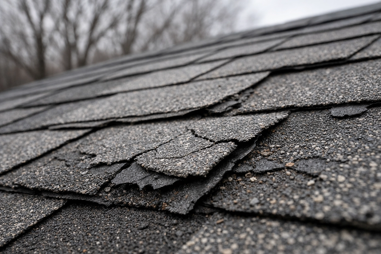 Winter damaged roof shingles in Charlotte NC showing cracks and missing granules needing spring repair