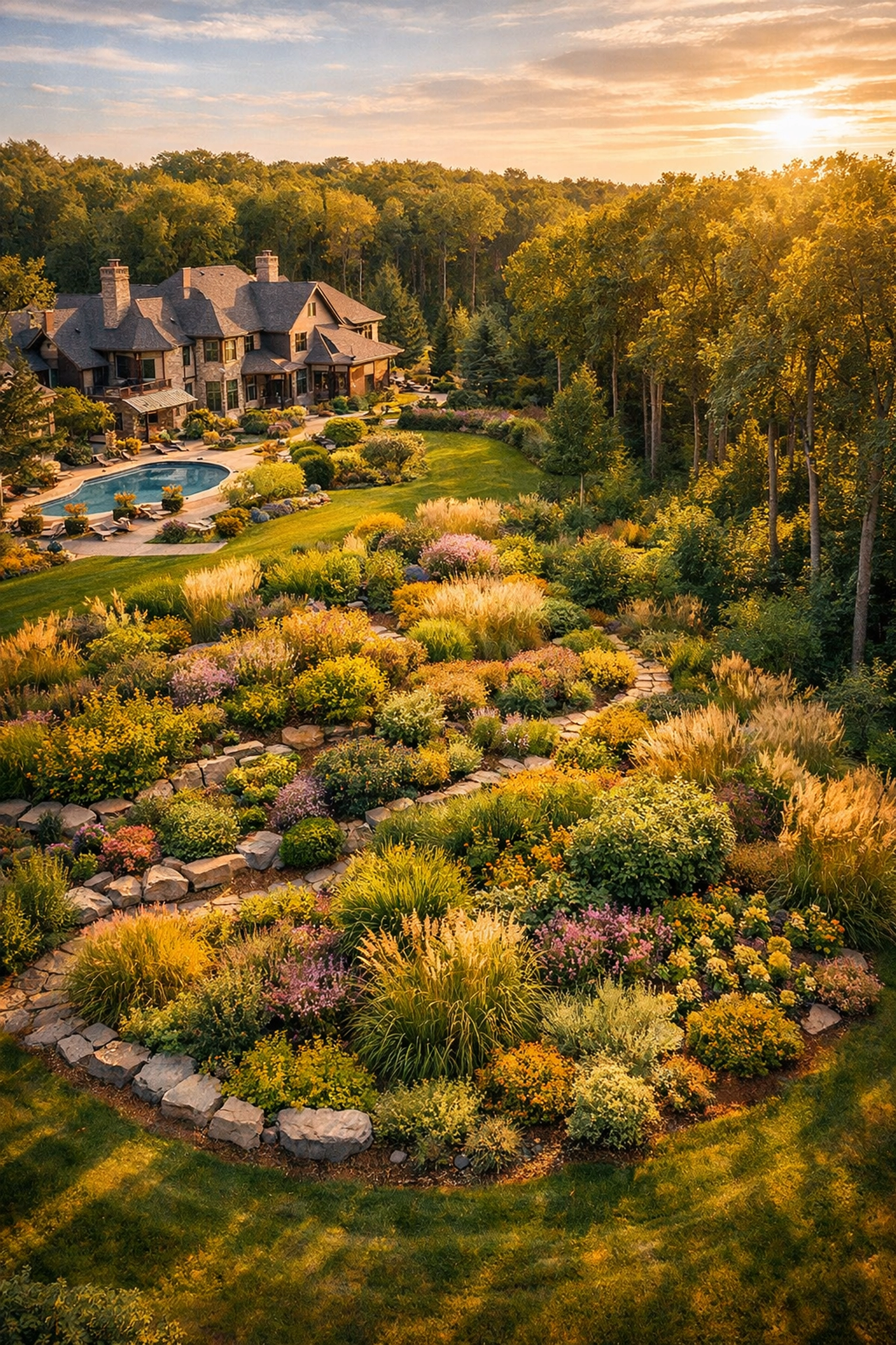 Drone view of professional landscaping in Clarkston featuring native Michigan shrubs and grasses.