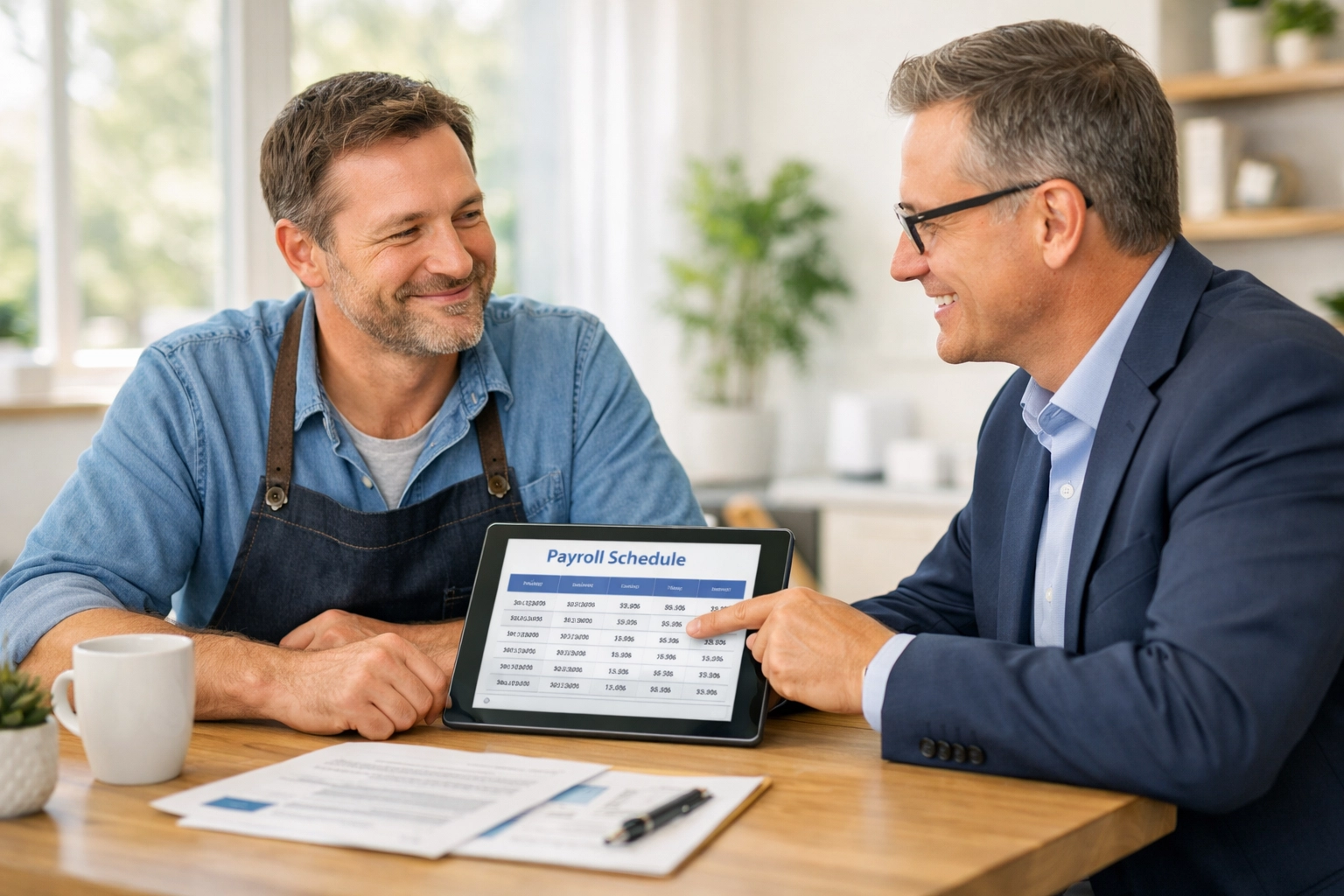 Business owner and advisor reviewing a payroll schedule for small business tax compliance.