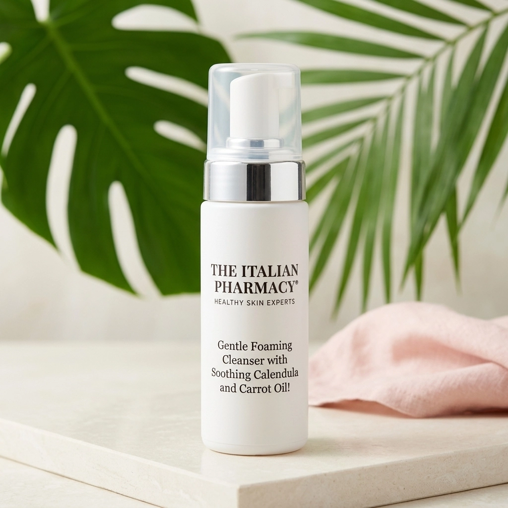 A gentle foaming cleanser bottle on a clean cream surface