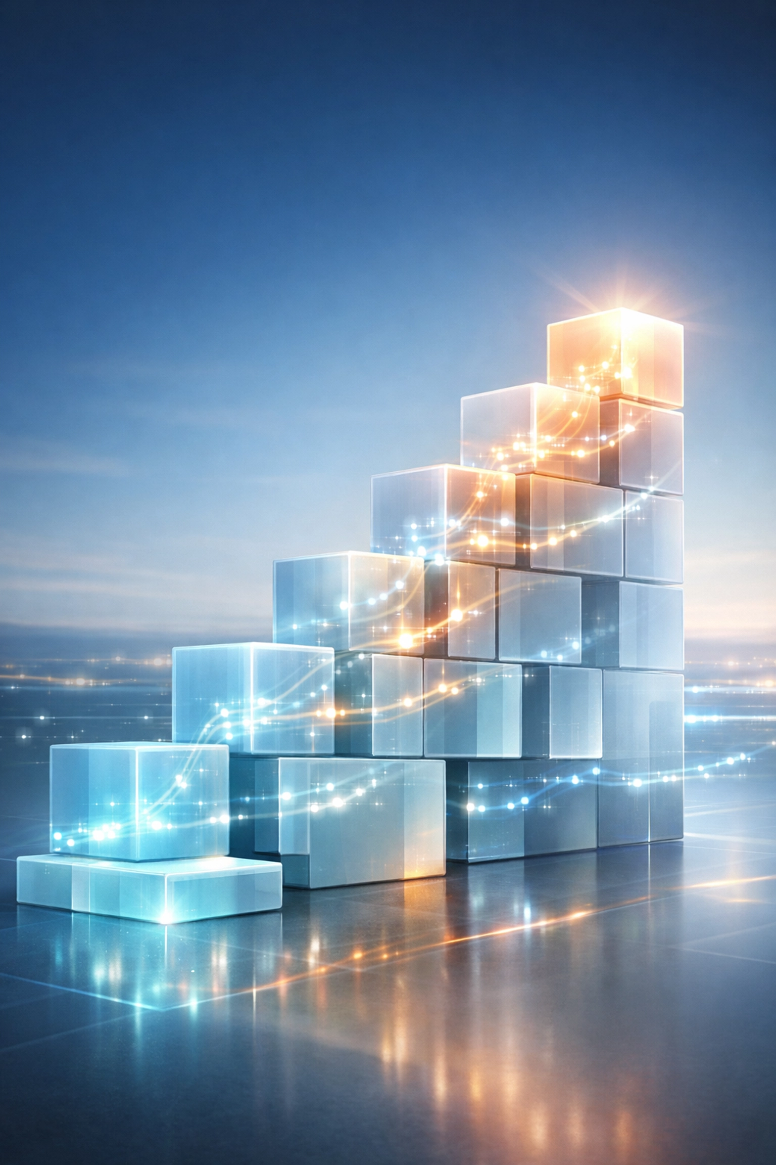 Shimmering modular blocks representing scalable IT infrastructure and future-proofed business growth.