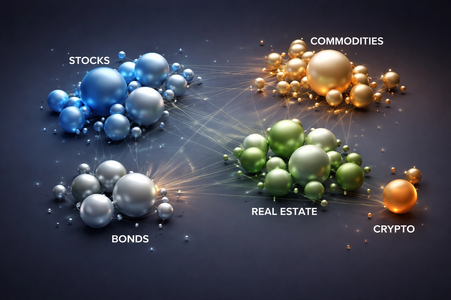Colorful spheres representing diversified asset classes in a portfolio, illustrating proper investment diversification.