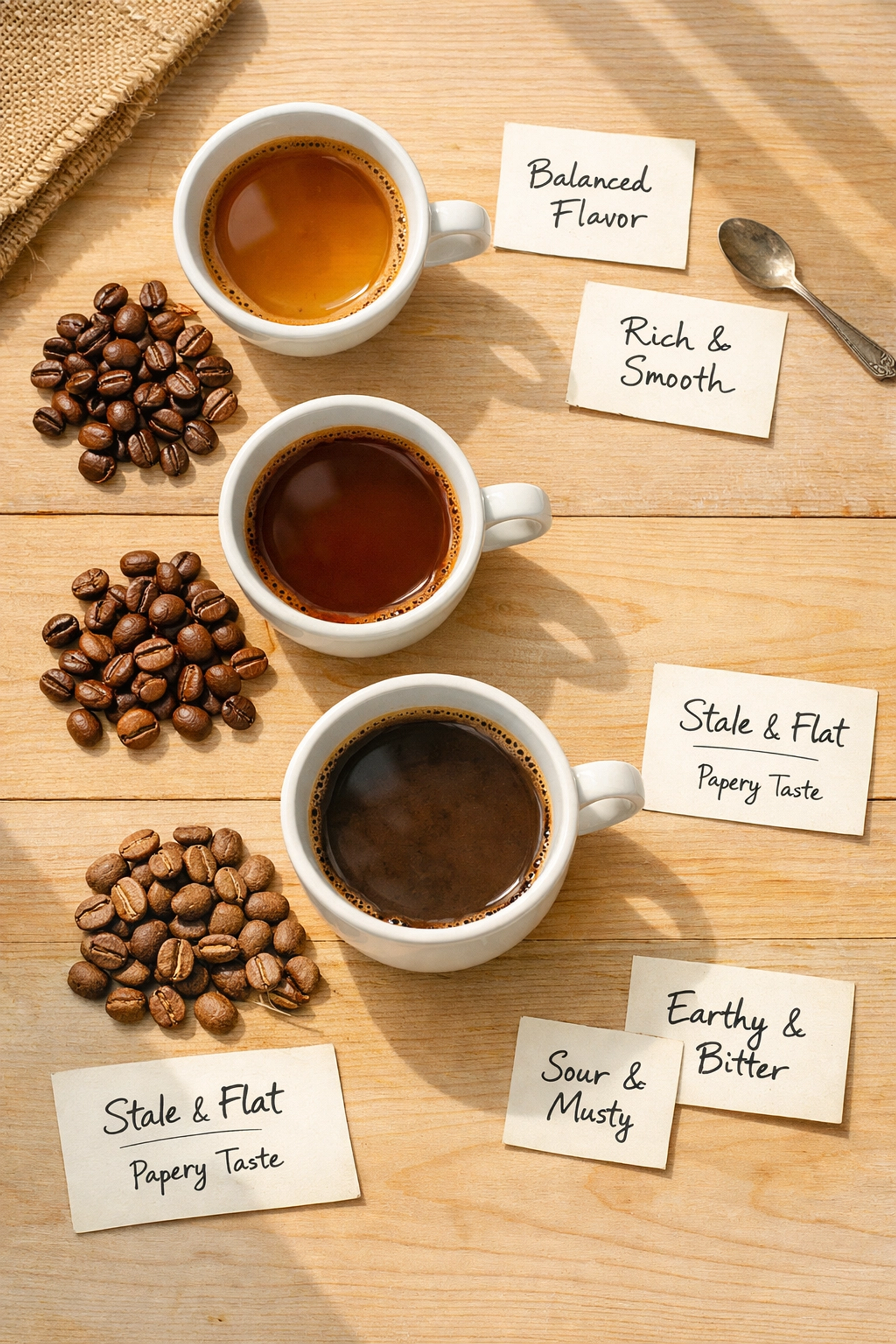Coffee tasting setup showing fresh and stale beans with different brew colors