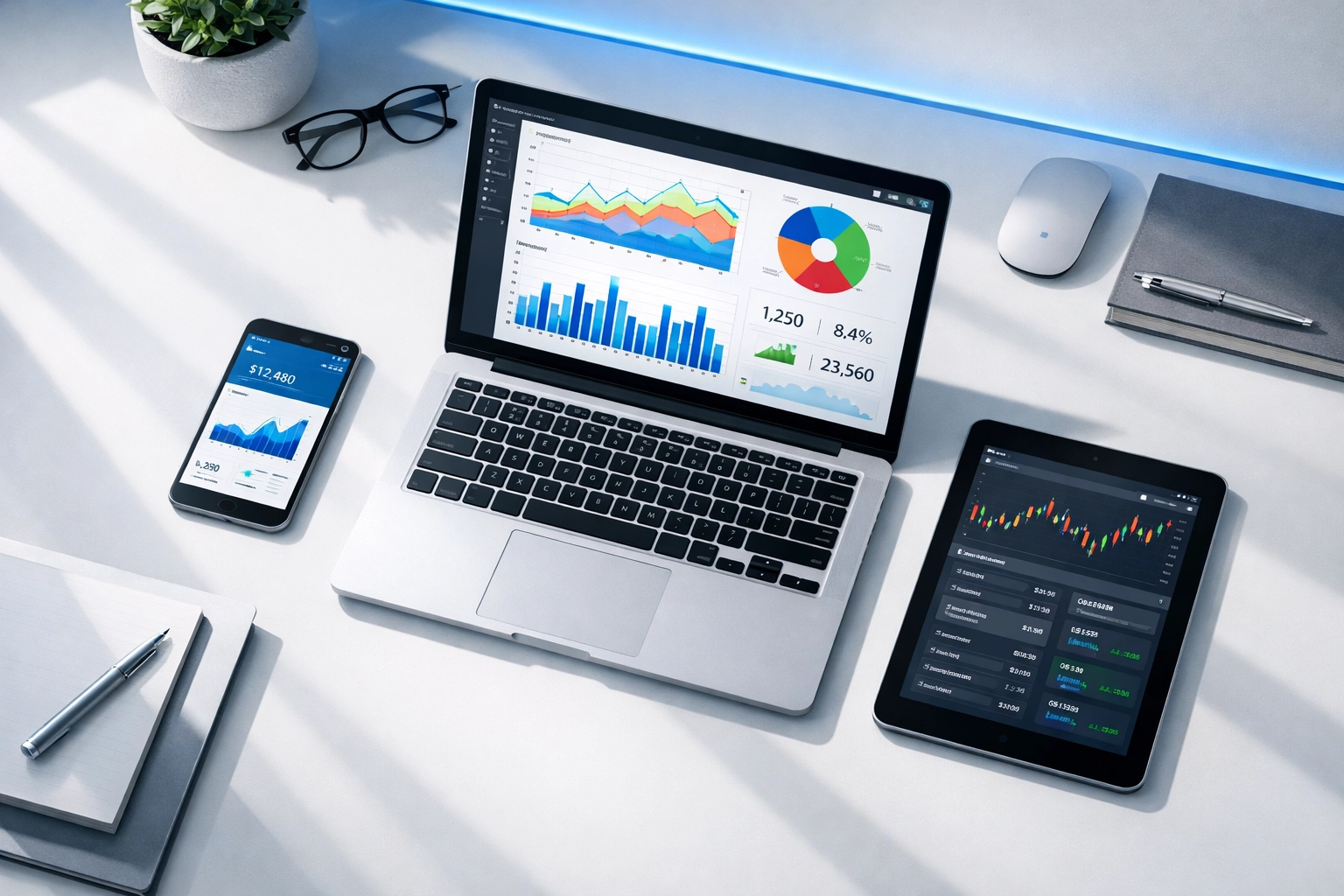 Revenue dashboard on laptop showing lead management and conversion analytics across devices