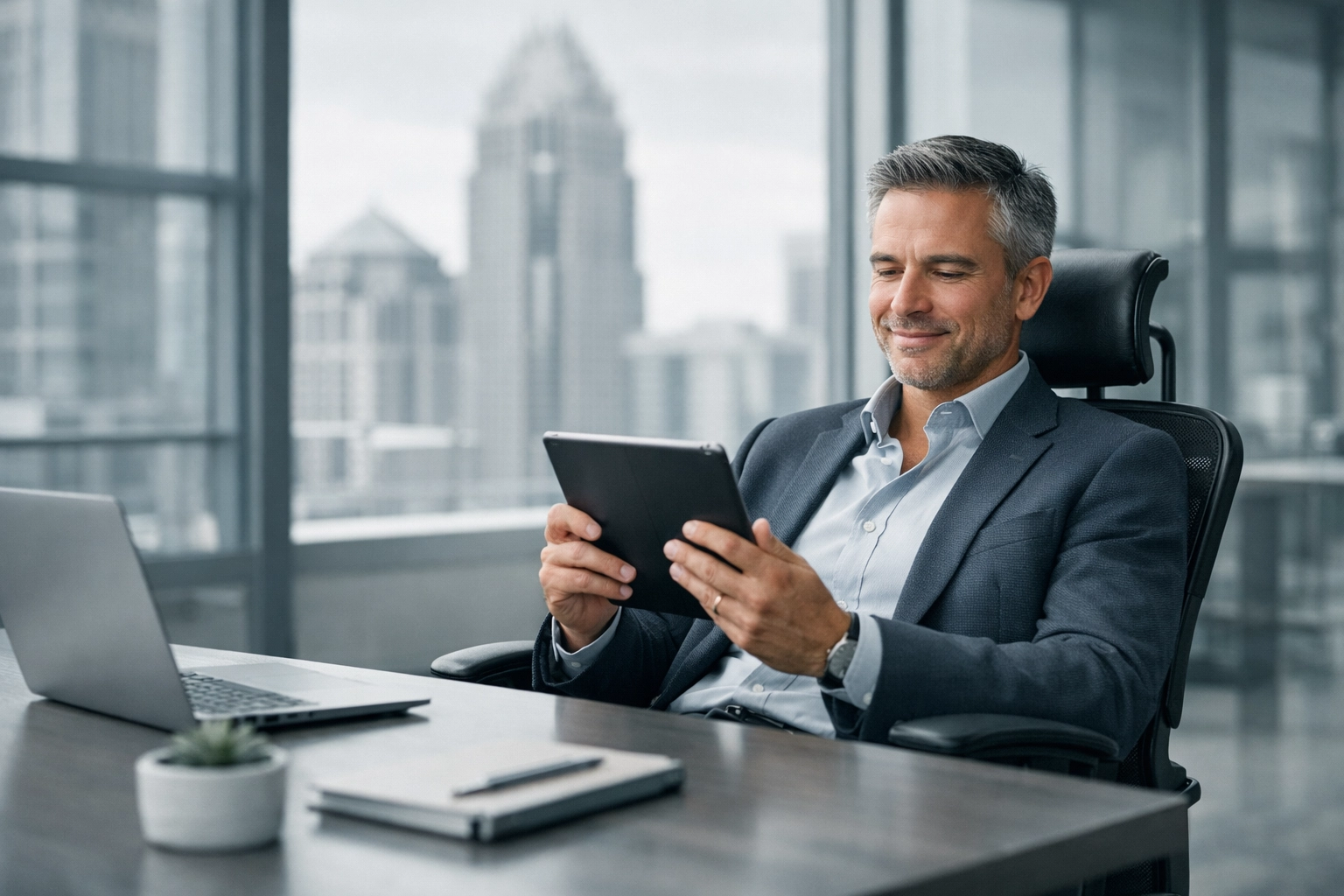 Charlotte business owner reviewing Q1 financial reports on a tablet for a successful bookkeeping check-up.