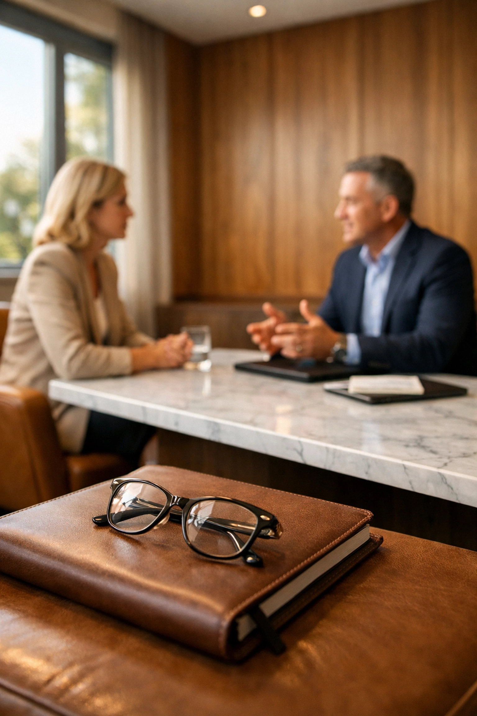 Legal experts in a private consultation discussing strategy for solving global legal disputes.