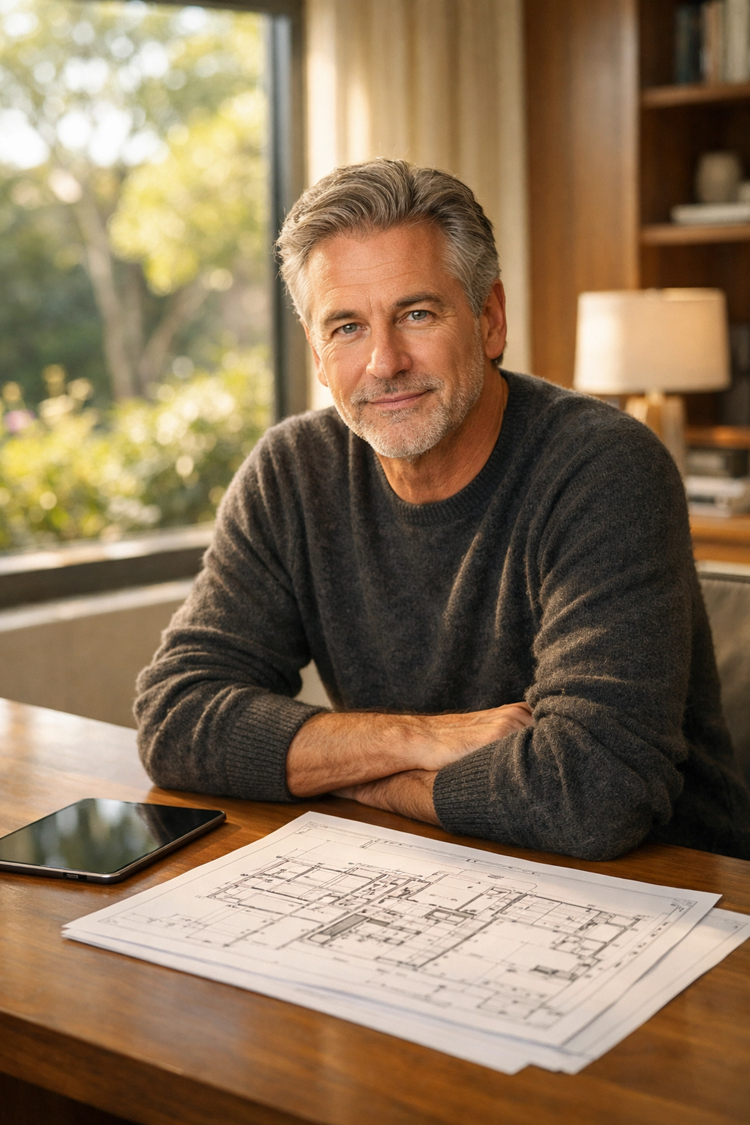 A confident retiree reviewing engineered blueprints for a secure retirement income plan in a modern study.