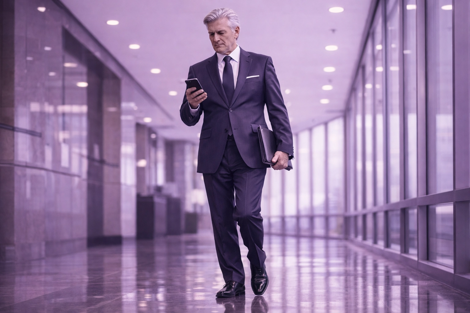 Senior legal director using mobile automation to manage firm communications while walking through an office.