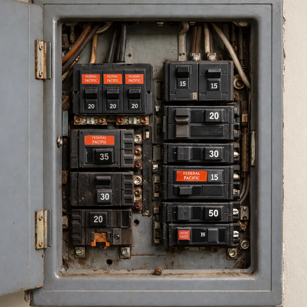 Older electrical panel showing wear and outdated breakers requiring upgrade for EV charger