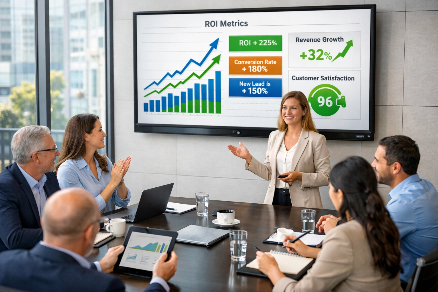 Business presentation showing ServiceNow ITSM ROI metrics and performance analytics