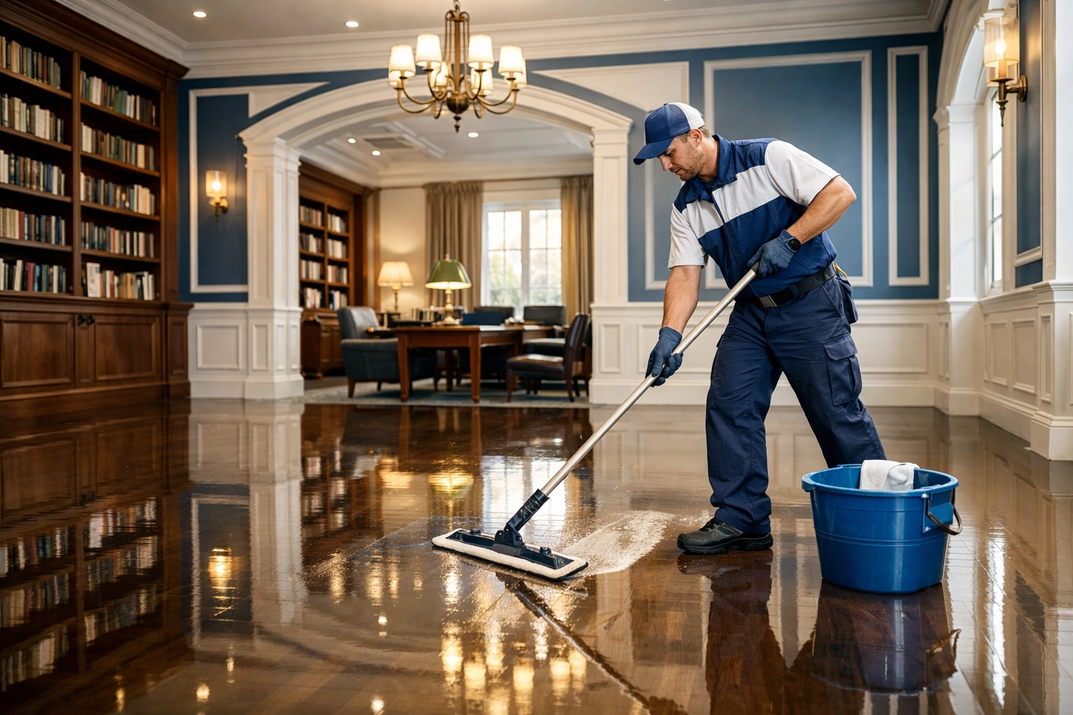 Professional technician applying high-gloss finish to commercial floors in a Harvard office.