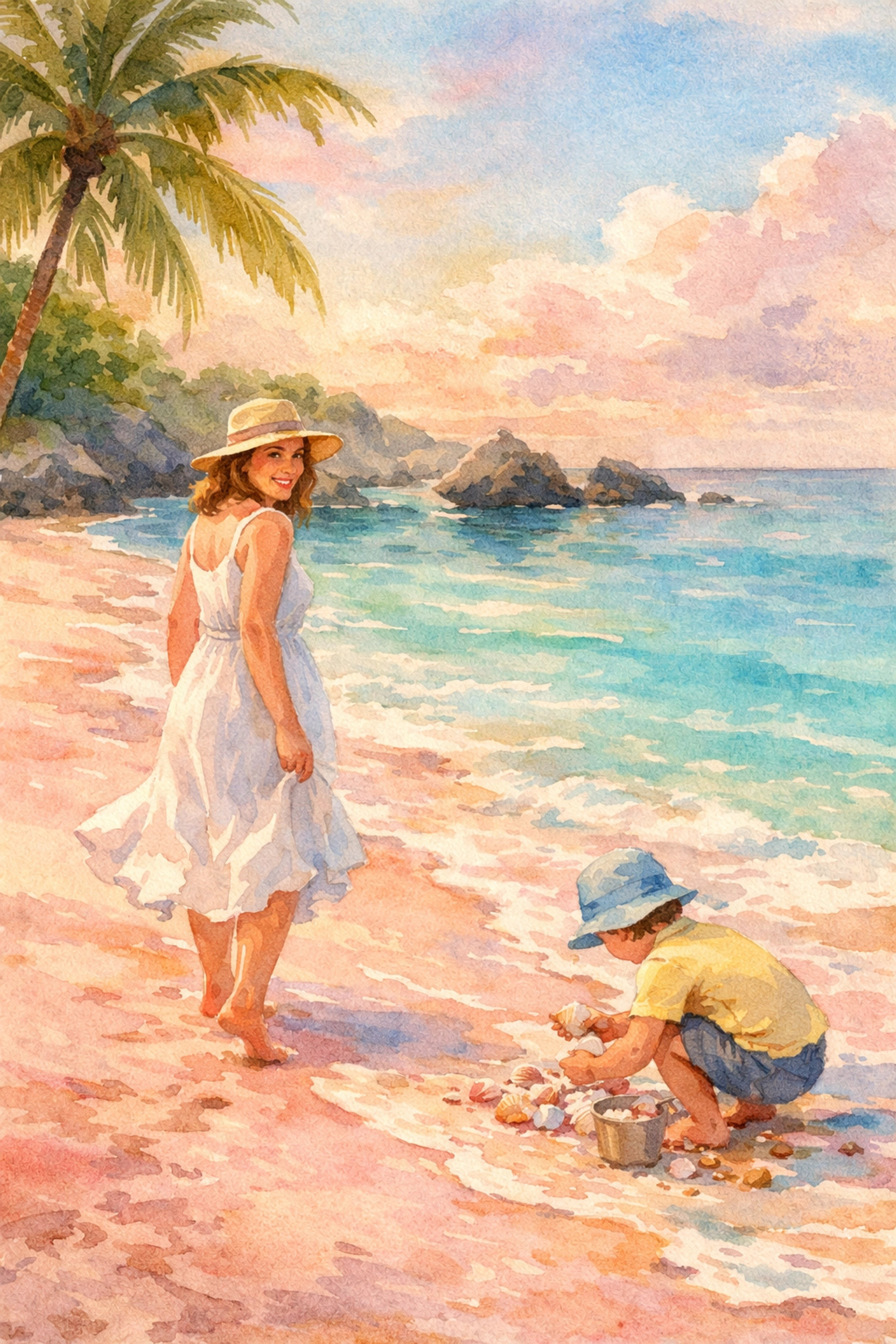 Mother and child exploring Bermuda's pink sand beach on a 2027 mom-cation cruise