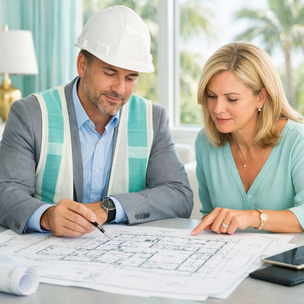 South Florida construction manager reviewing blueprints with a client during pre-construction planning.