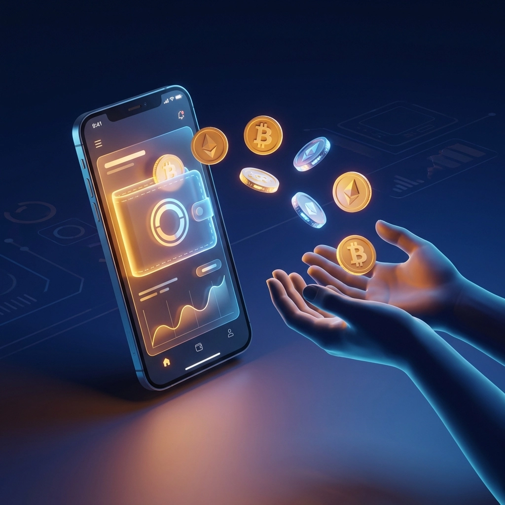 A person holds a smartphone with a glowing crypto wallet and digital coins, showing self-custody benefits for small business crypto payments.