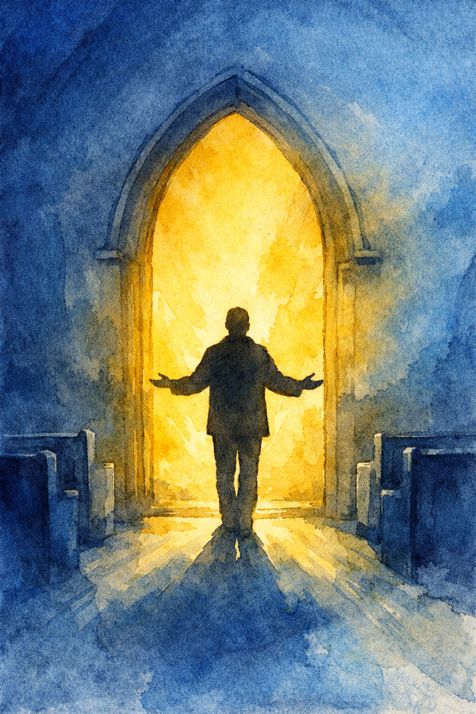 Welcoming greeter at church entrance with arms open in invitation