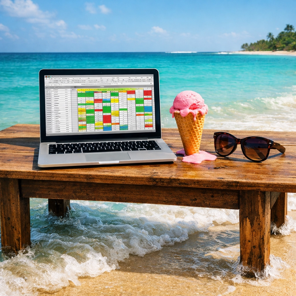 Laptop with a holiday payroll spreadsheet on a beach, representing small business management stress.