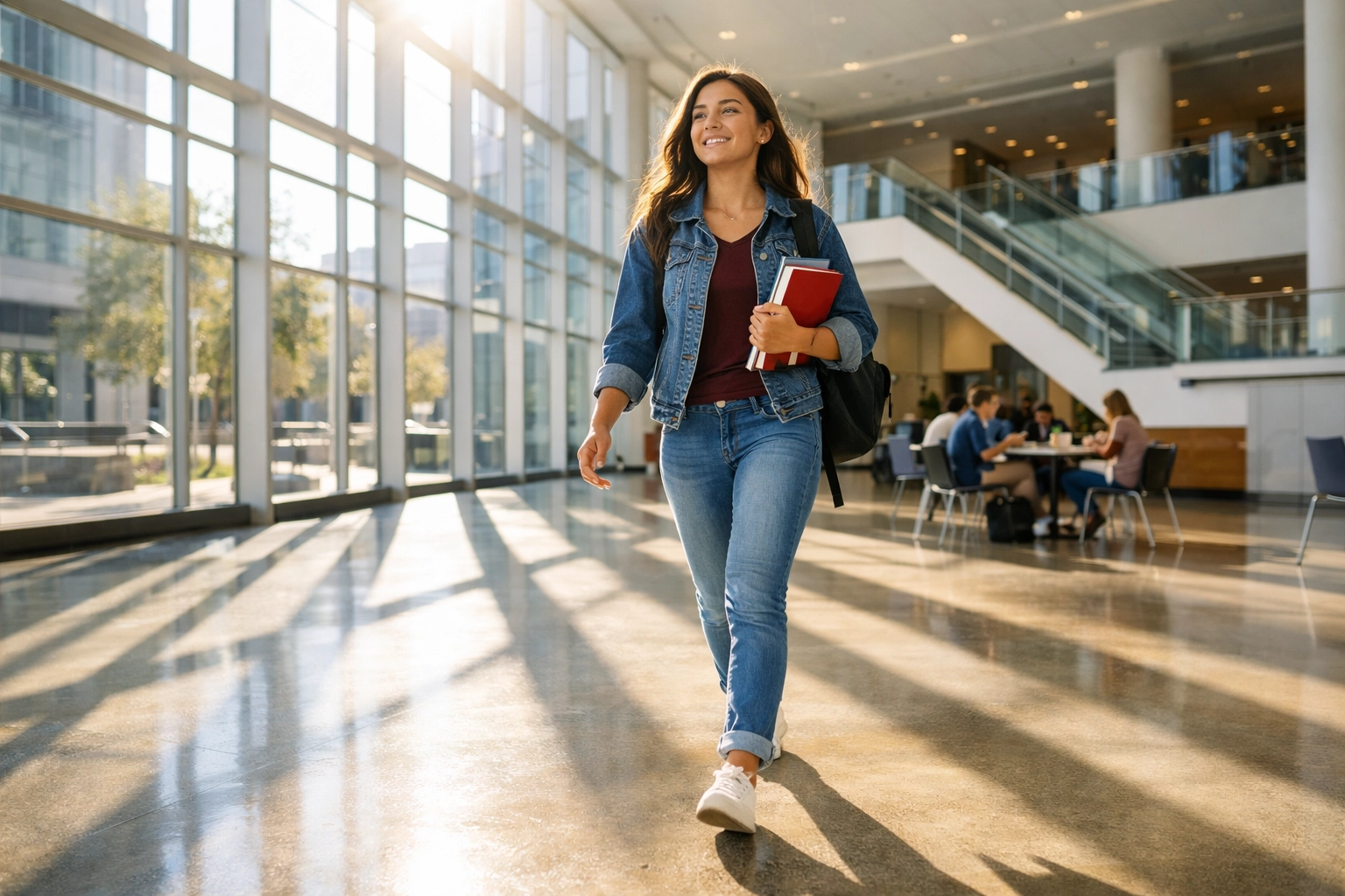 Confident student walking through a modern university atrium, ready for a successful college career.