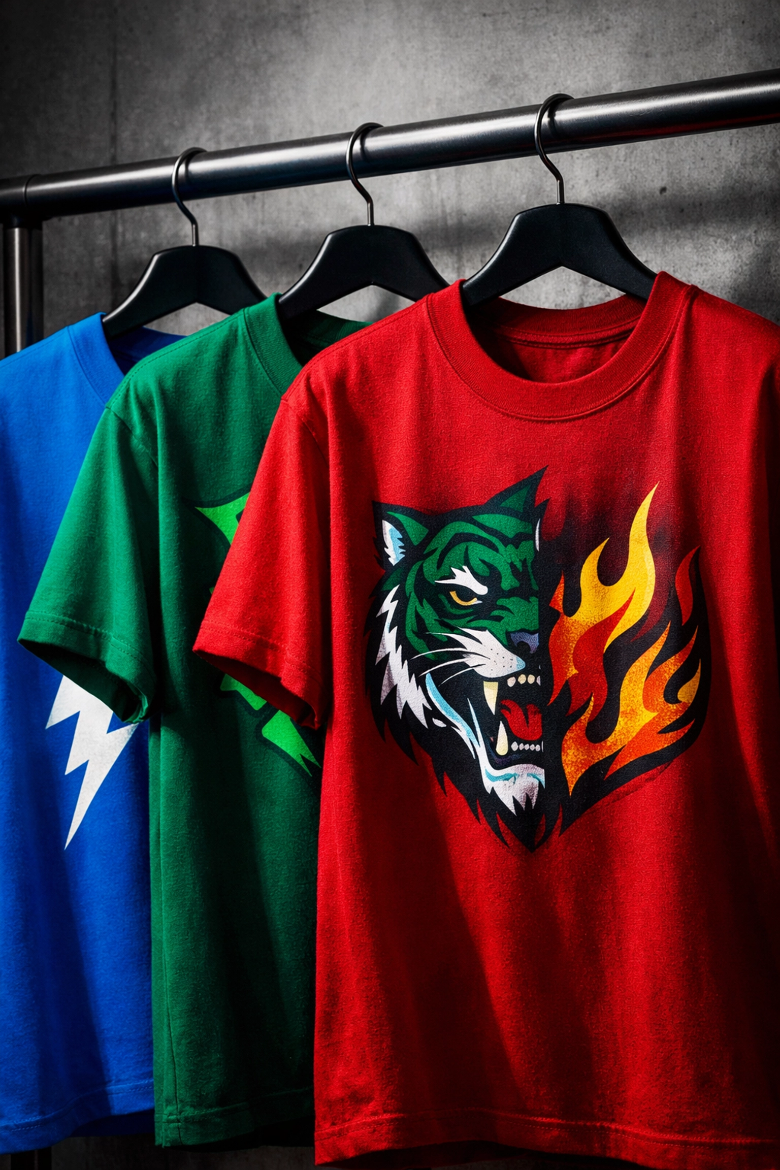 Vibrant screen printed custom t-shirts in bold neon blue, emerald green, and crimson red
