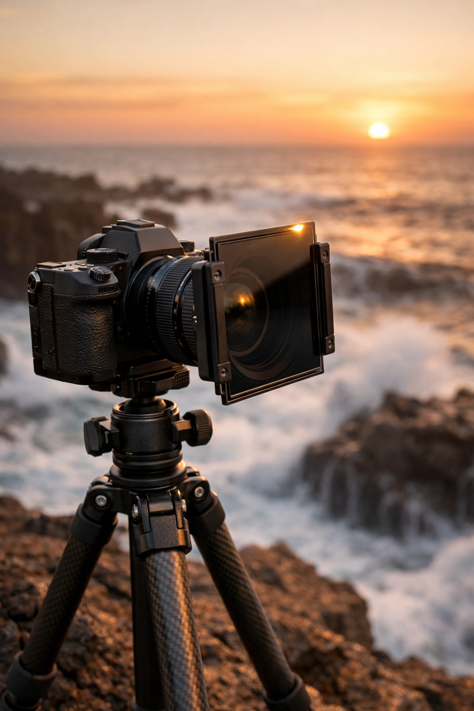 Pro landscape photography gear featuring a tripod and ND filter system for capturing long-exposure seascapes.