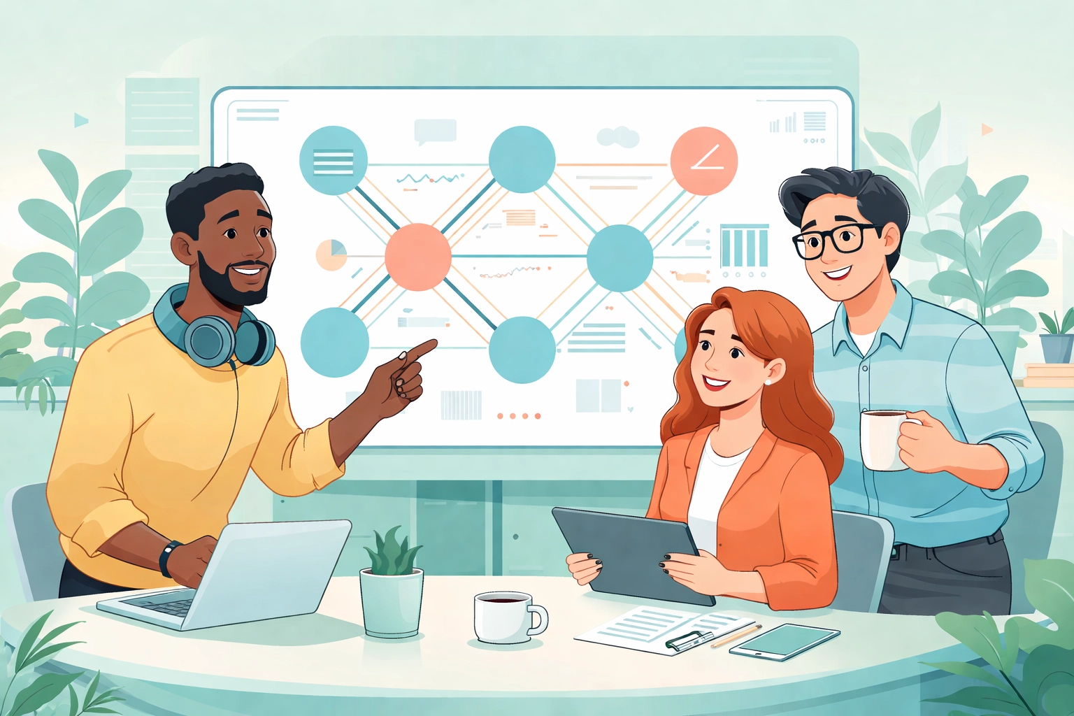Team collaborating around a unified business management dashboard, illustrating seamless workflow integration