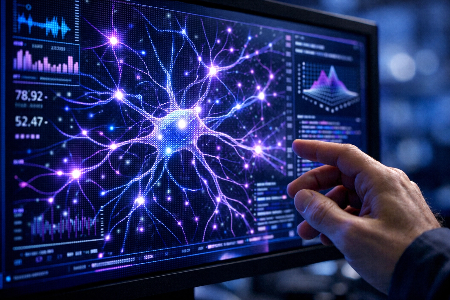 Neural network patterns on a digital health monitor representing proprietary data used for AI medical models.