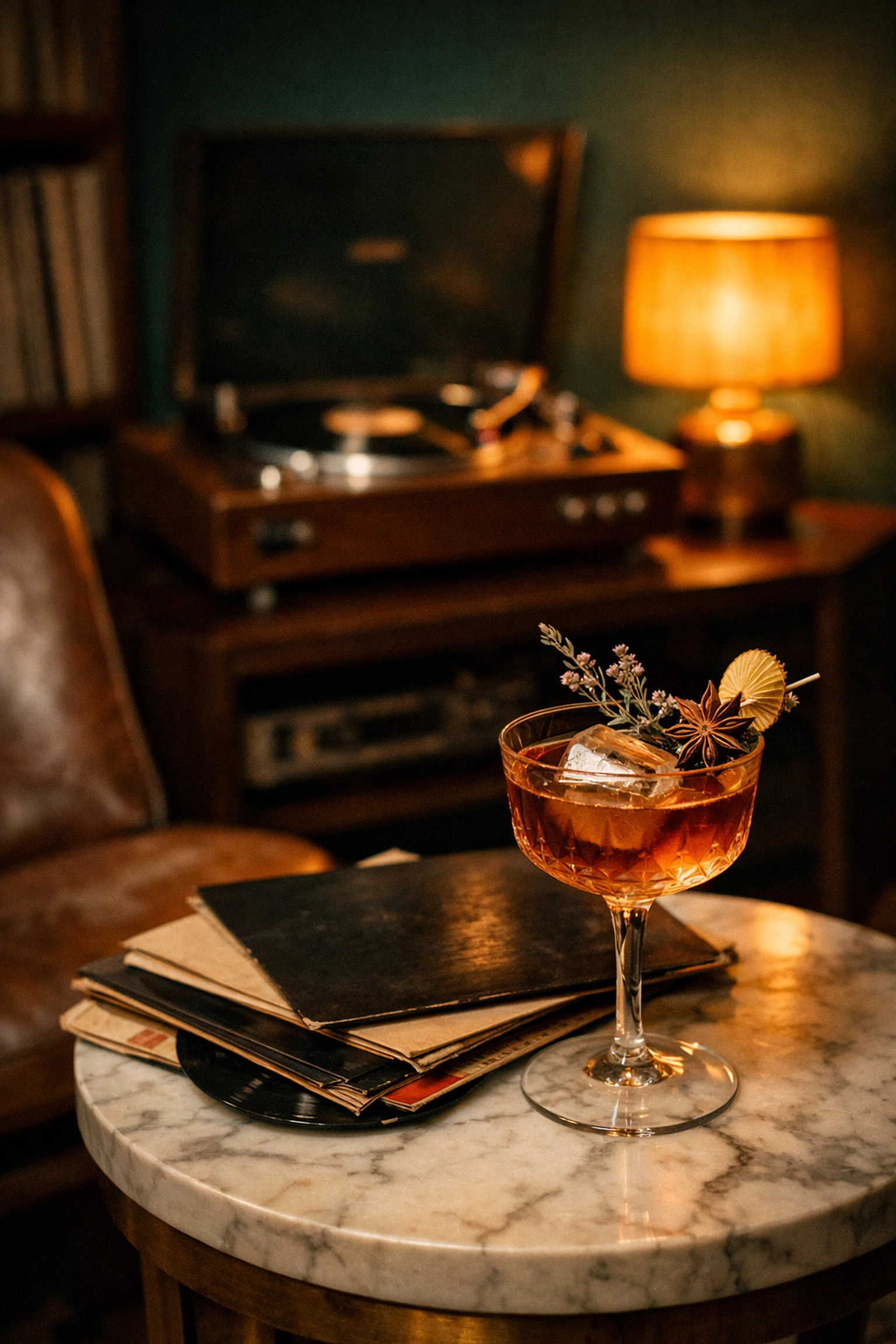 A craft cocktail next to vinyl records in a moody, mid-century modern Montreal listening lounge.