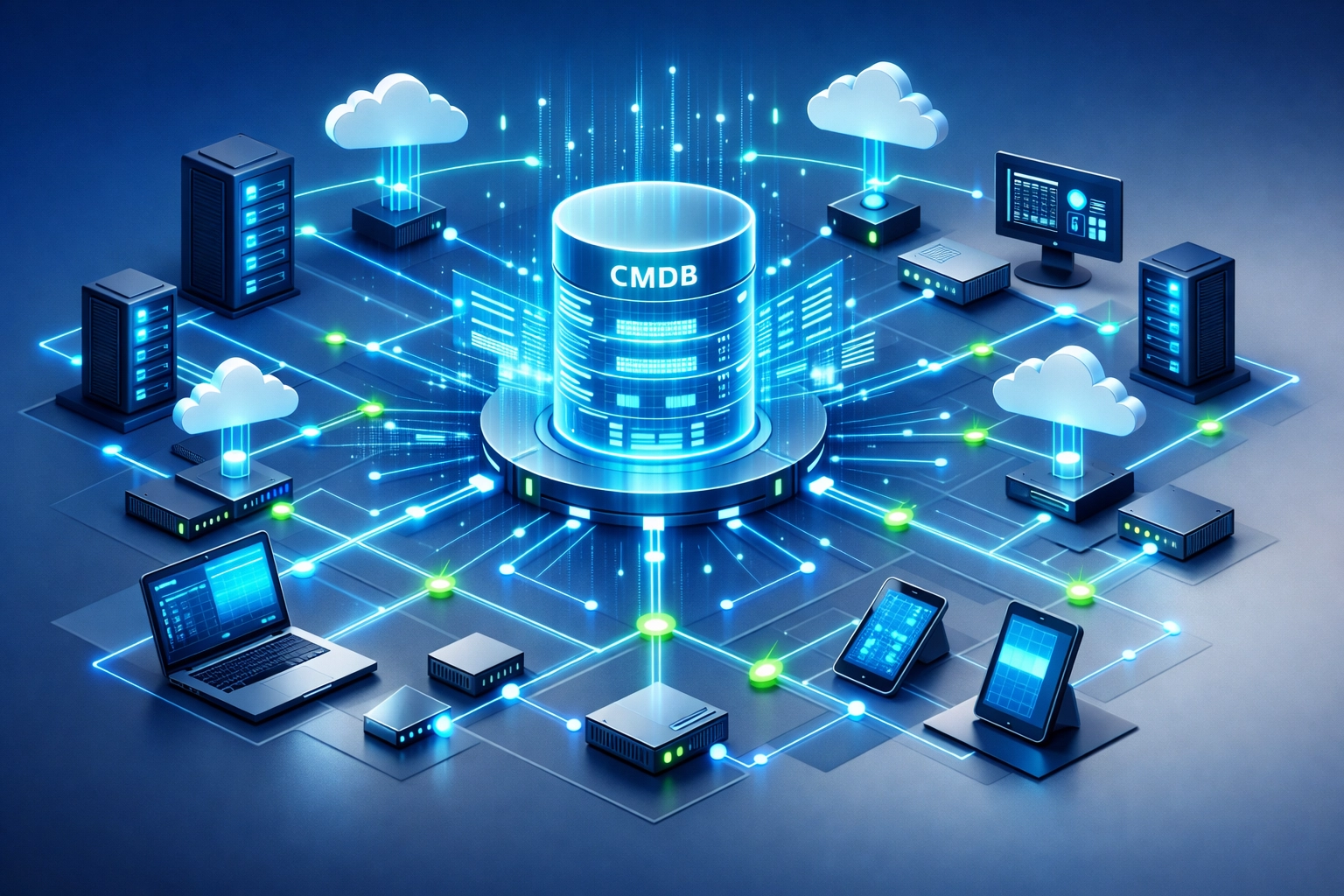 ServiceNow ITOM automated asset discovery connecting servers, cloud, and devices through CMDB integration
