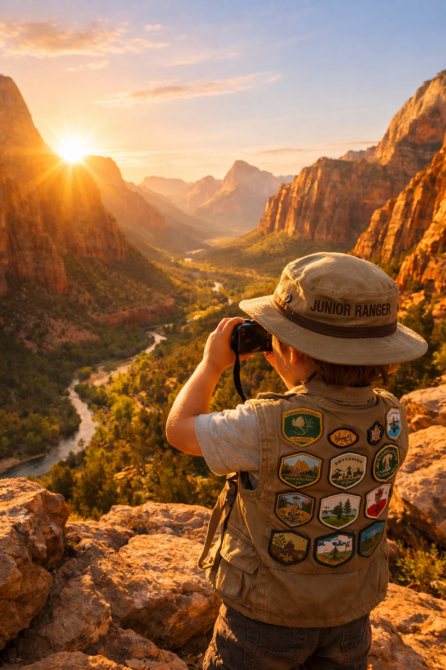A child Junior Ranger taking photos in a National Park, a fun travel activity for kids.
