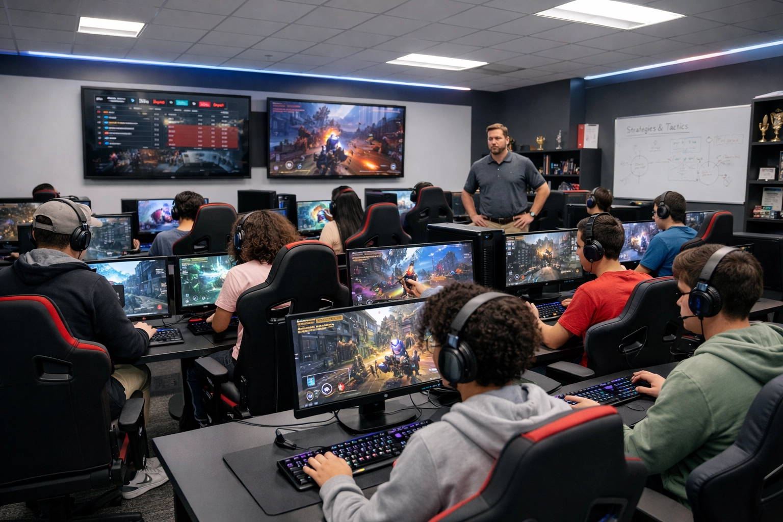 High school students in esports learning lab with professional gaming stations and instructor