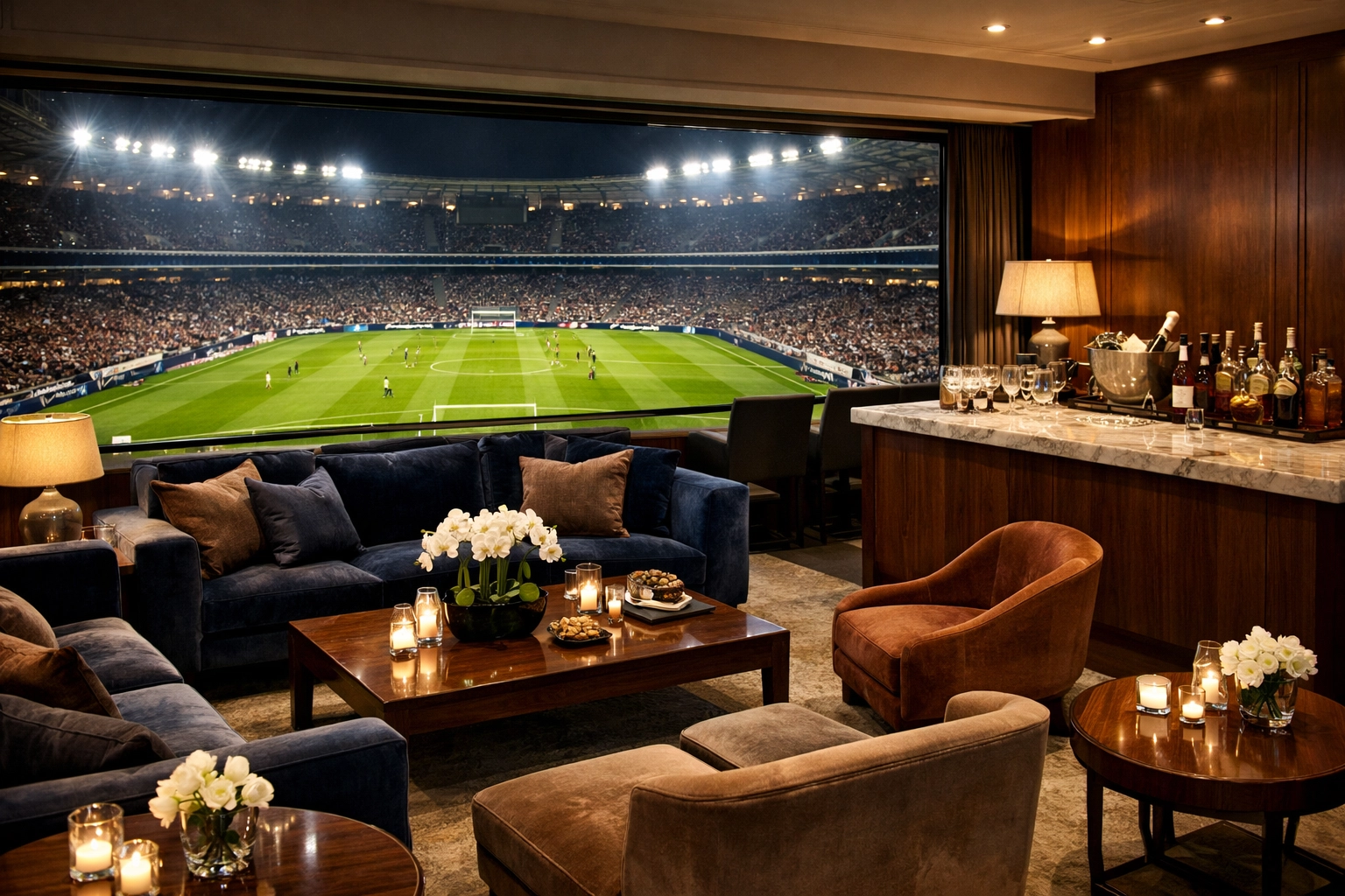 Elite corporate hospitality suite with a stadium view for VIP hosting at the Super Bowl.