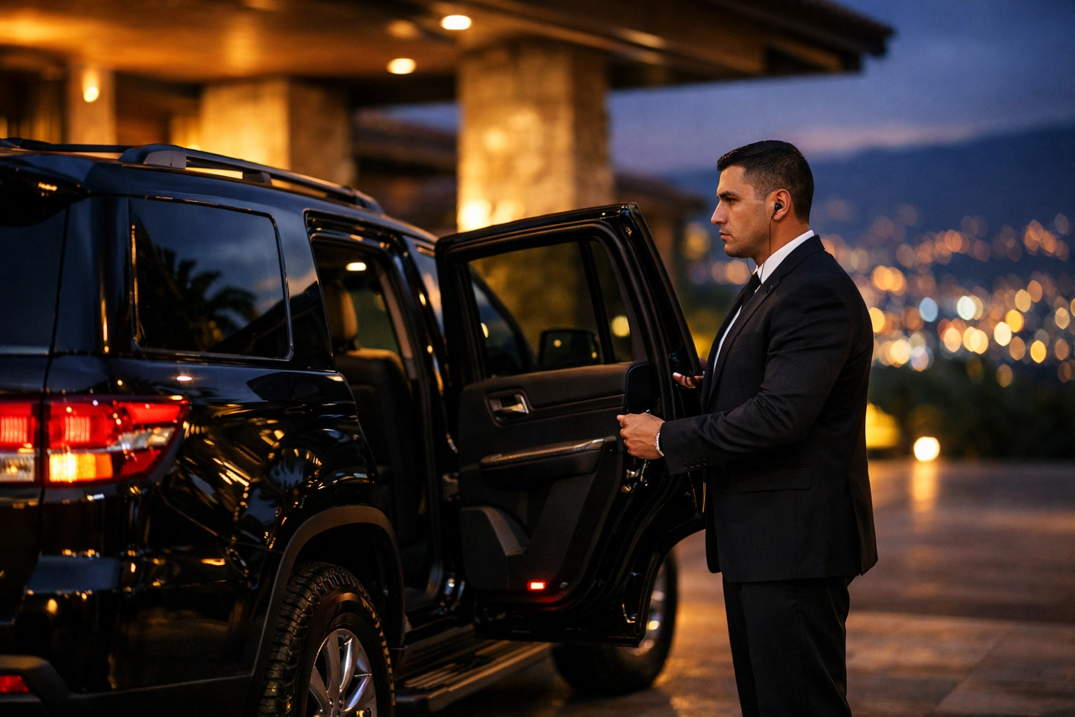 911 Medellin security professional providing secure transport in an armored SUV for VIP event guests.