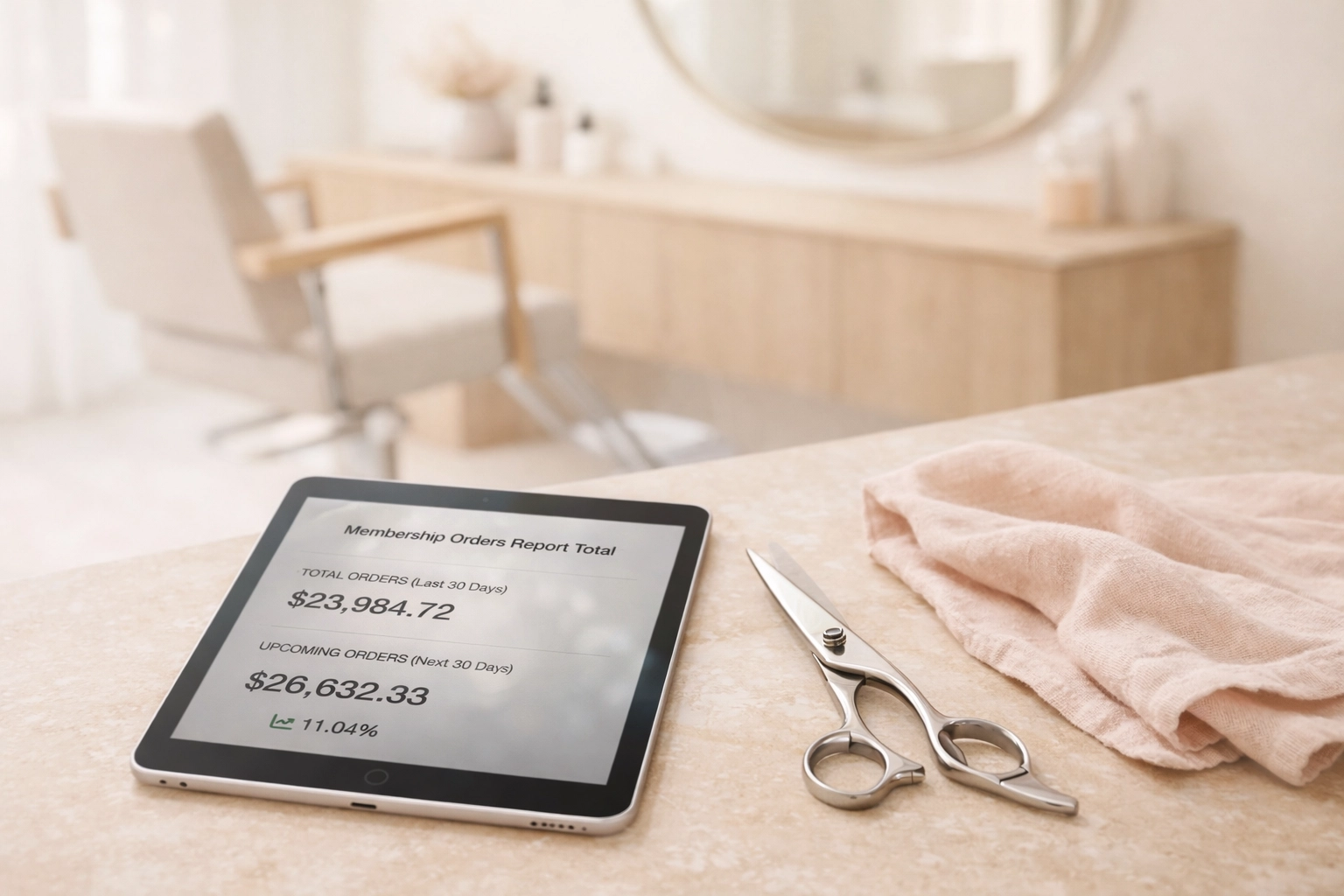 Modern salon reception desk with a tablet displaying a Membership Orders Report Total projecting next 30 days orders