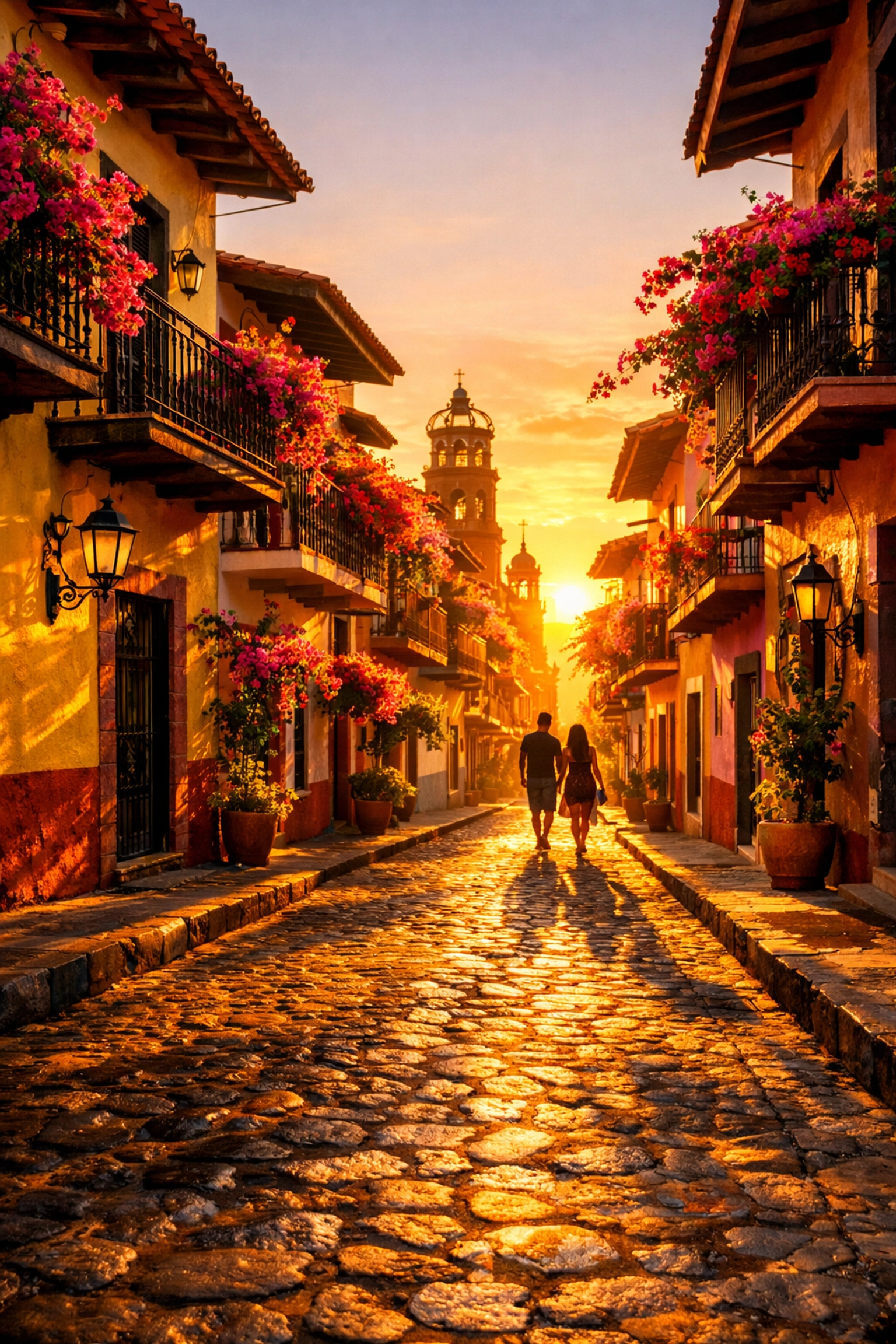 Couple walks hand-in-hand through colorful Old Town Puerto Vallarta cobblestone street at sunset