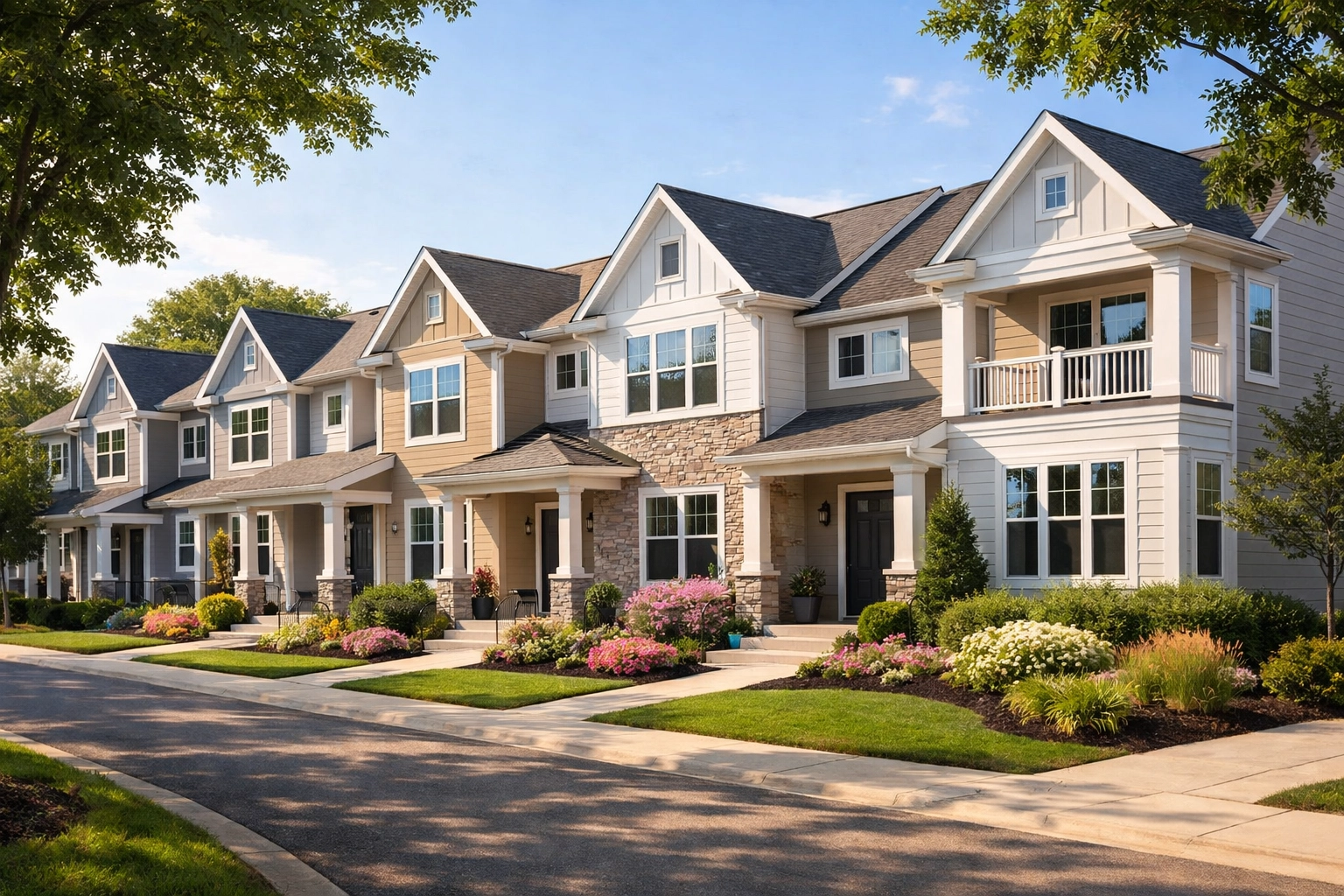 Row of townhomes in Bucks County 55 and over community with maintained yards