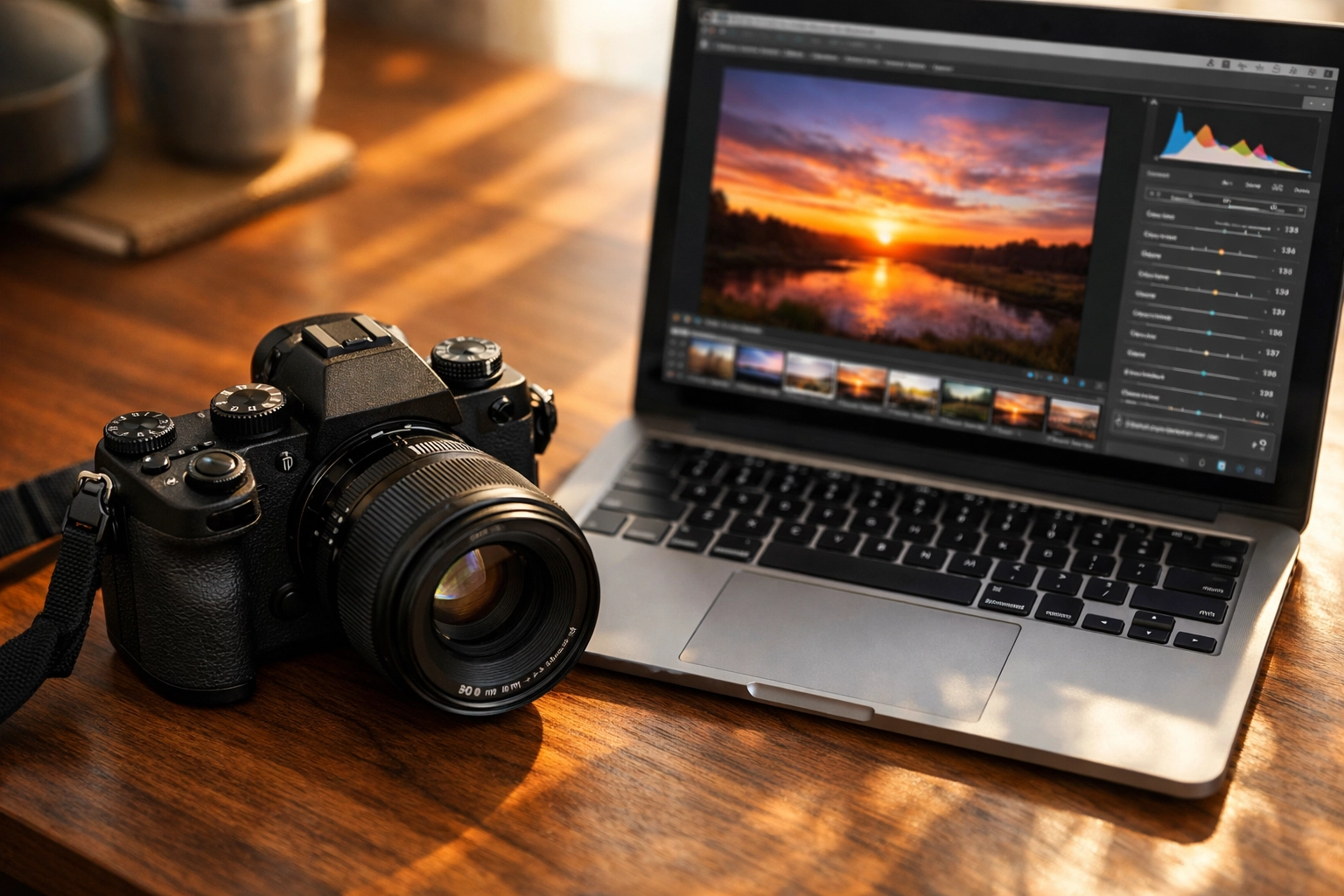 Professional mirrorless camera and laptop showcasing tangible aesthetic photography editing workflows.