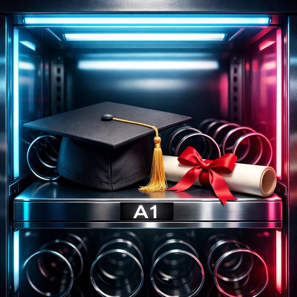 A graduation cap and diploma in a vending machine, representing the low-cost product model of diploma mills.