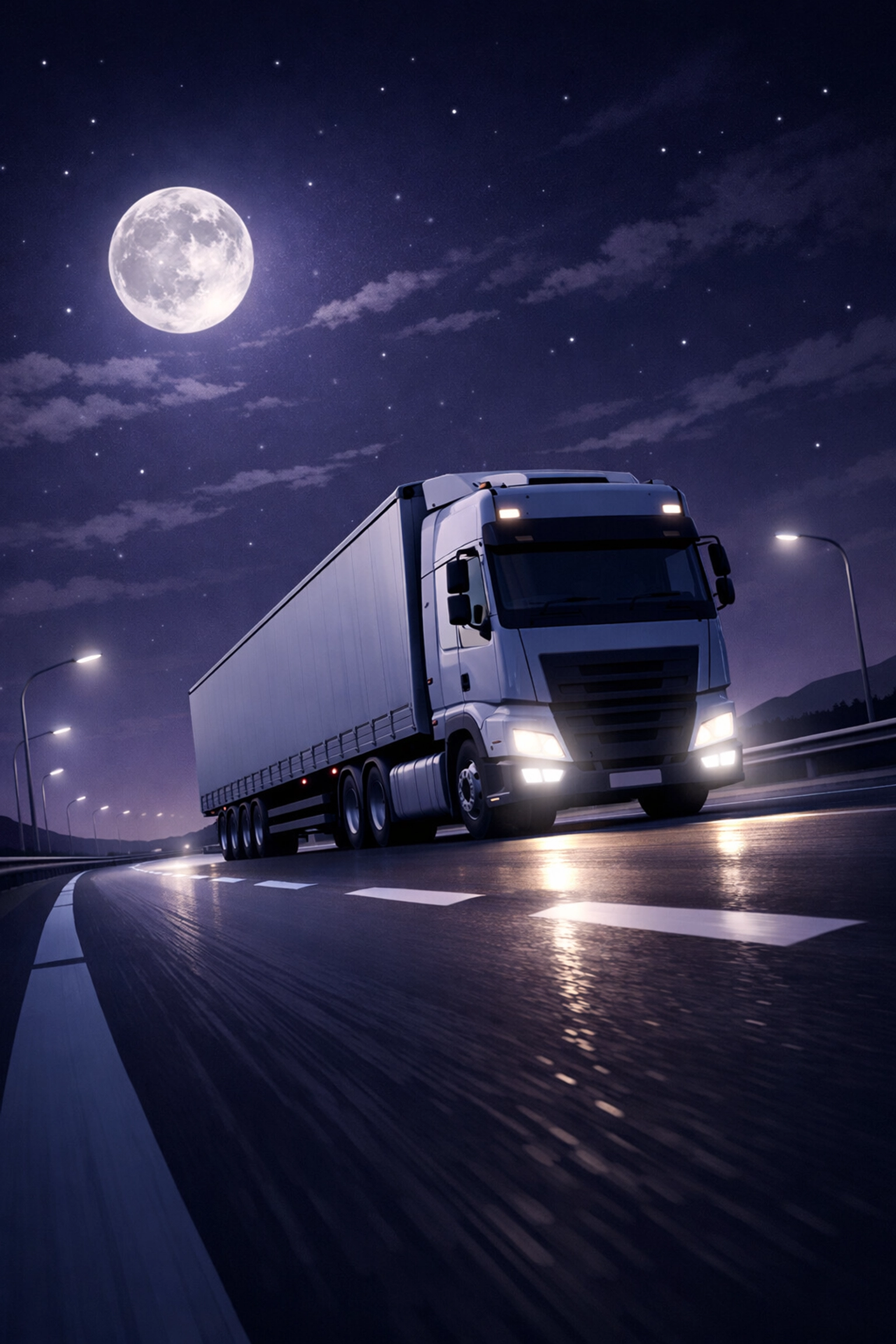 Class 1 HGV lorry driving on motorway at night during trunking shift