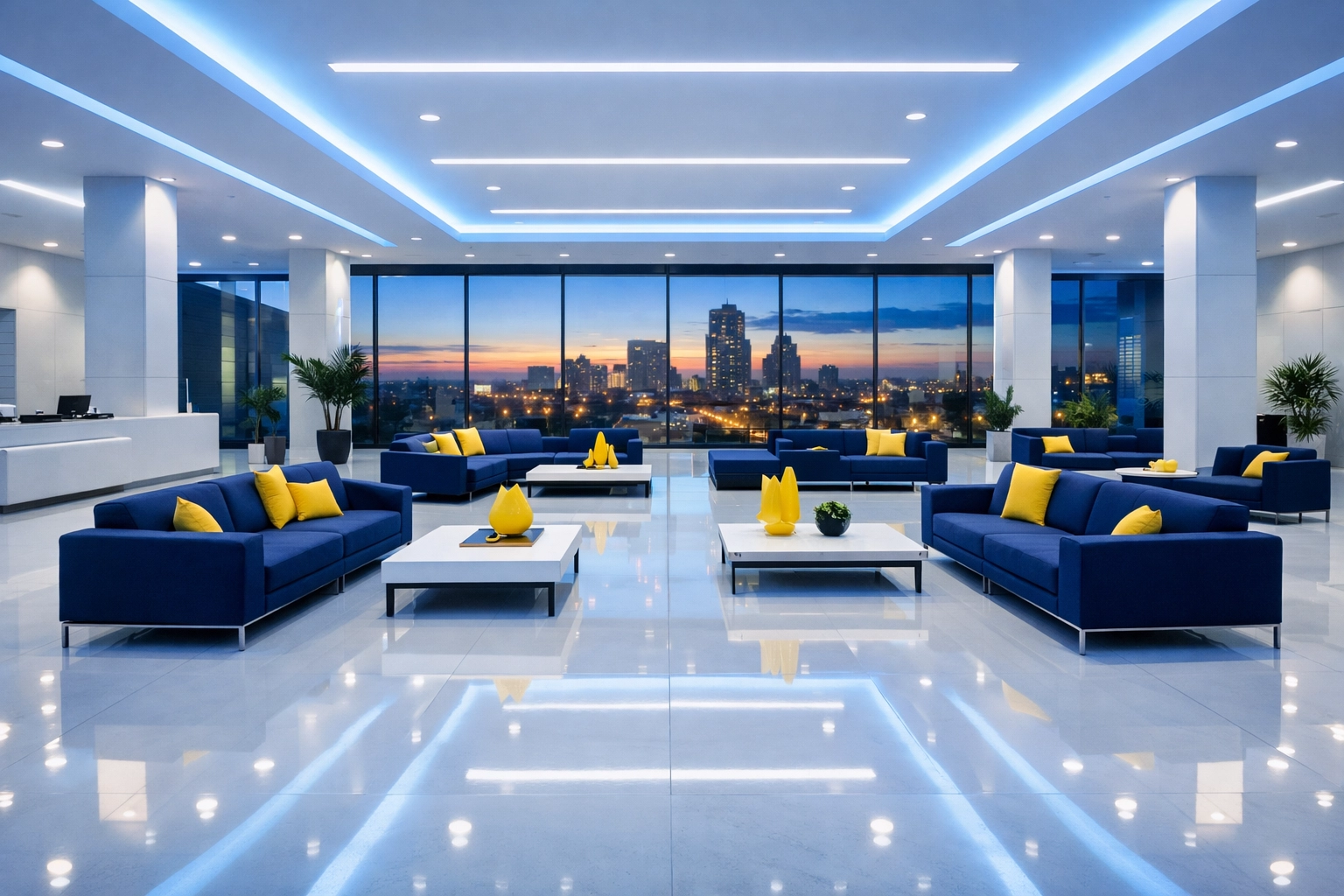 Pristine downtown lobby showcasing the high standards of a regular office cleaning Worcester schedule.