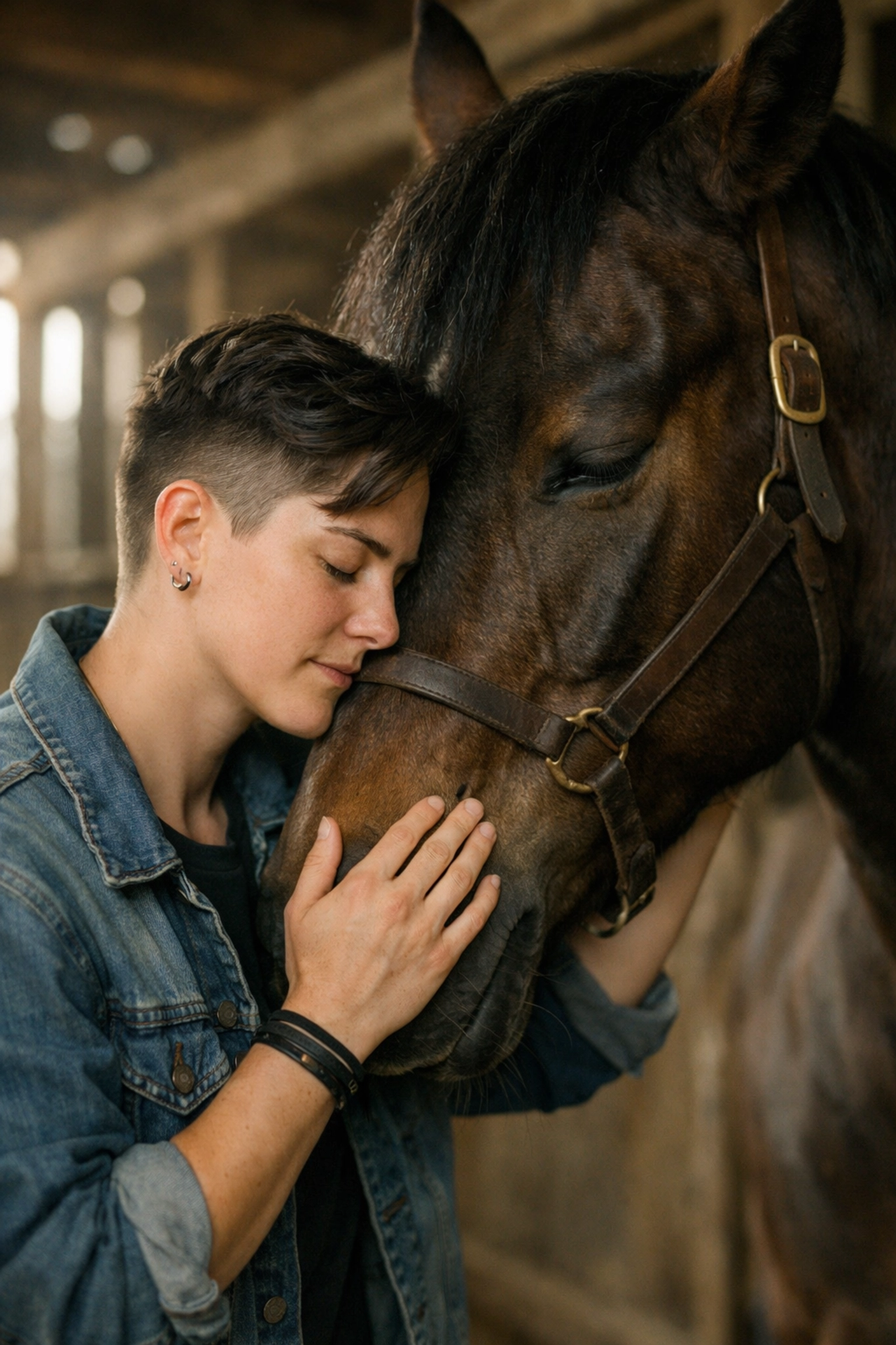 Non-binary person bonding with a dark bay horse in a stable, capturing the healing nature of queer-friendly riding retreats.
