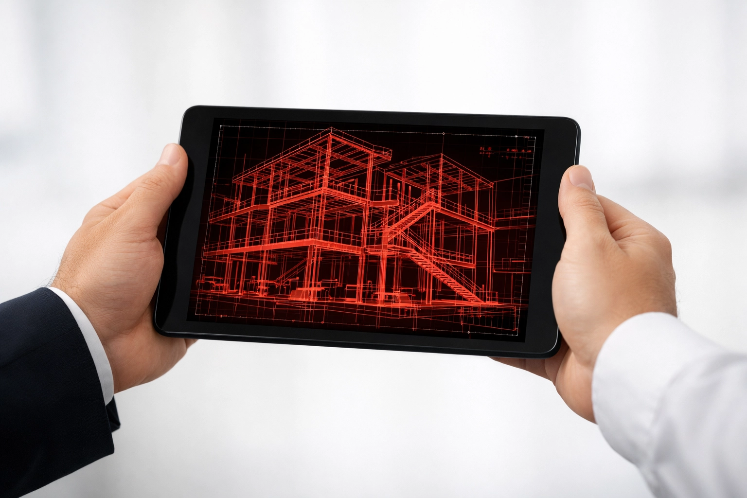 Expert et client consultant les plans structuraux d'une propriété sur tablette pour une transaction immobilière transparente.