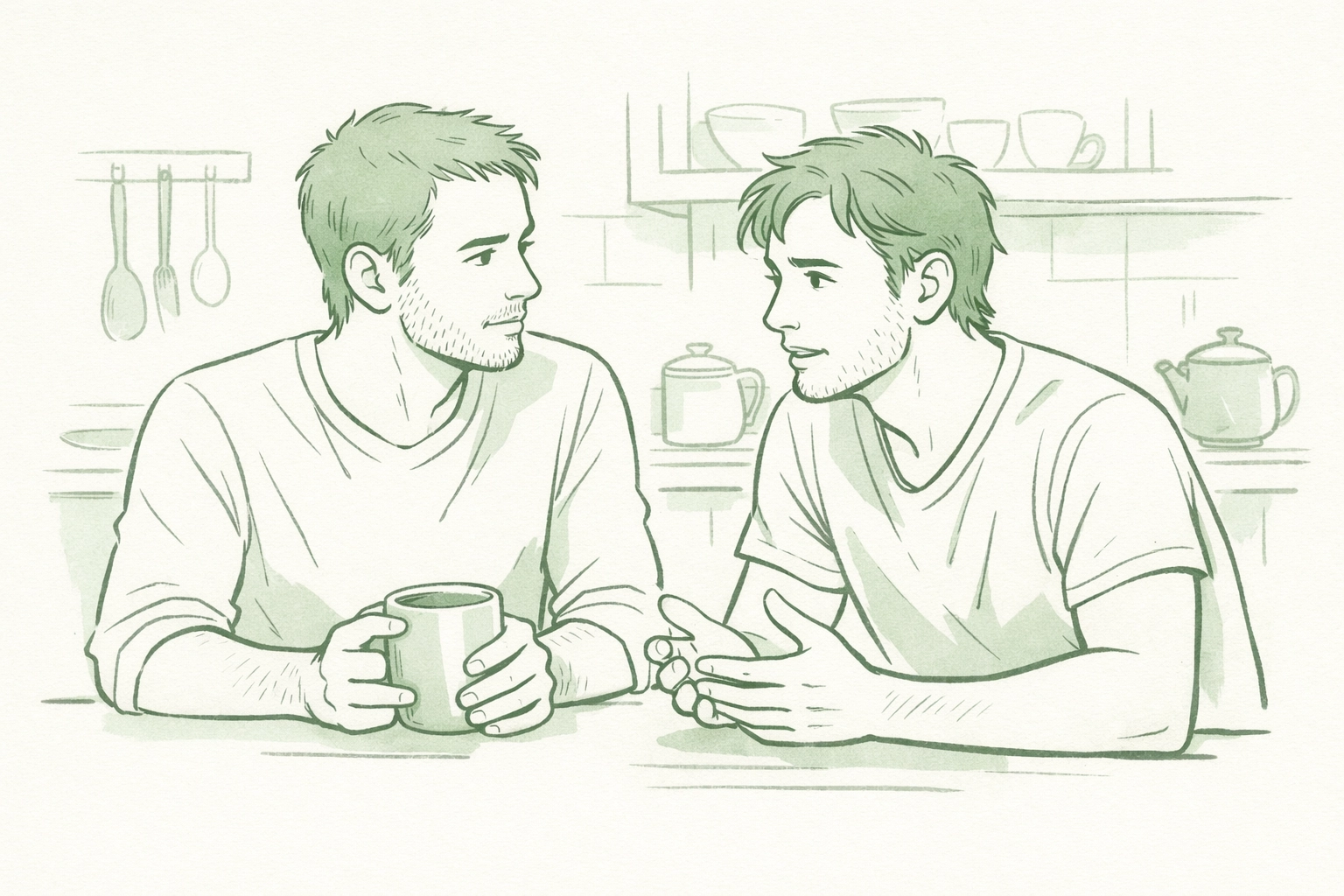 Male couple sharing an earnest conversation in a kitchen, reflecting authentic queer relationships.