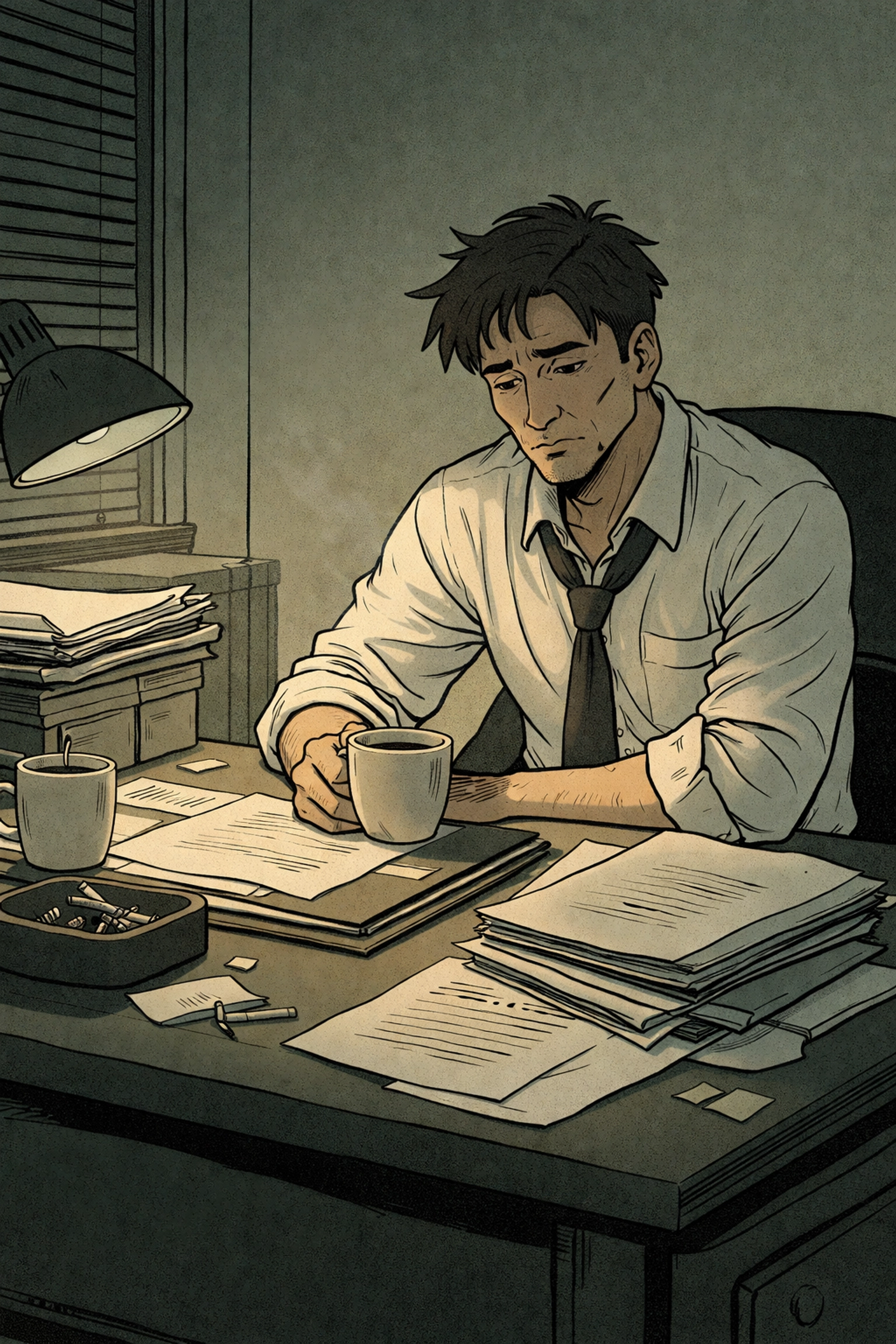 Exhausted male detective at a cluttered desk represents Kaelen Rossi's resilience and internal struggle in The Aestheticist