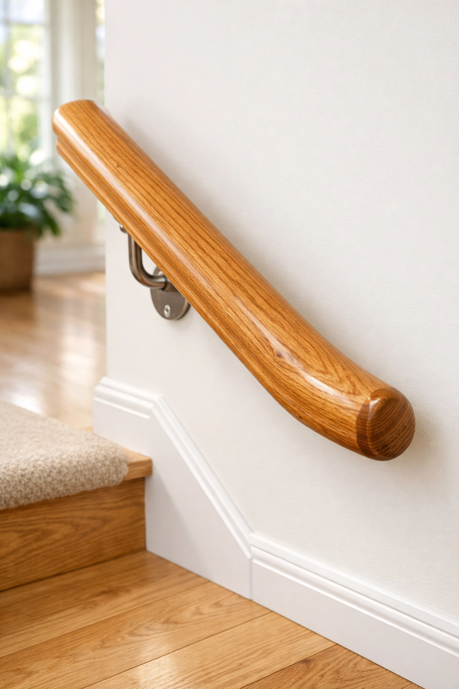 Sturdy oak handrail with a safety extension past the bottom step to provide better grip and stability.