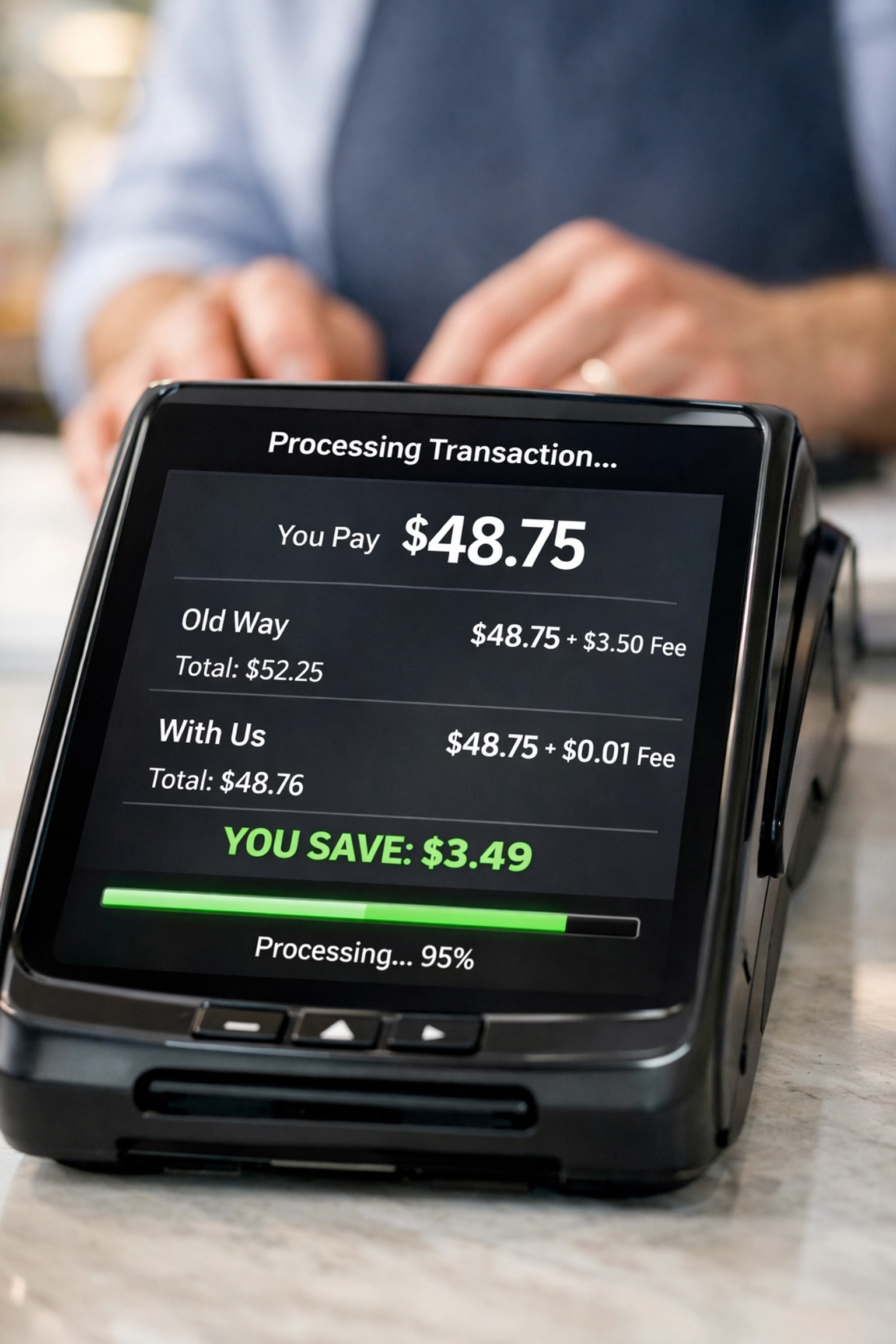 Crypto POS terminal displaying transaction with minimal gas fee