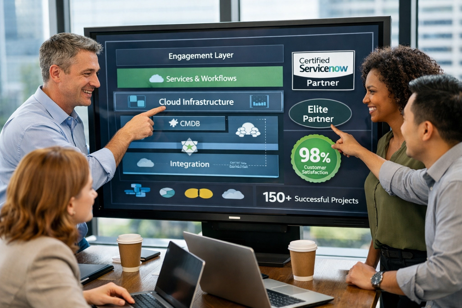 ServiceNow consulting team reviewing platform certifications and performance metrics