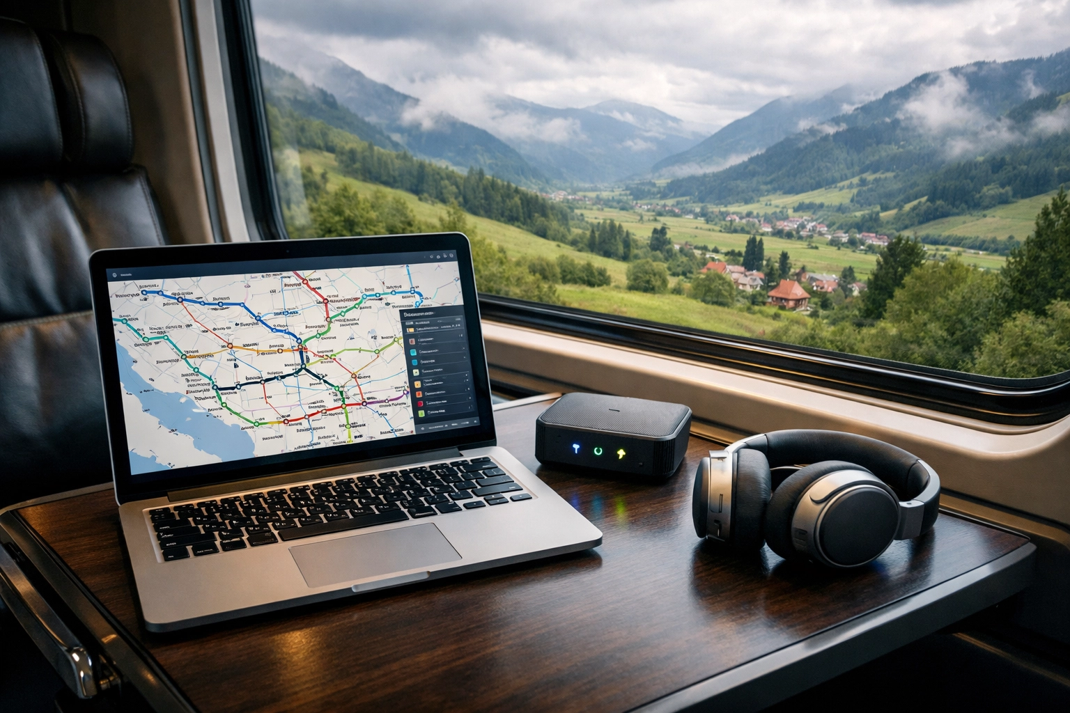 Modern high-speed train interior with a view of the Balkan mountains, perfect for productive slow travelers.