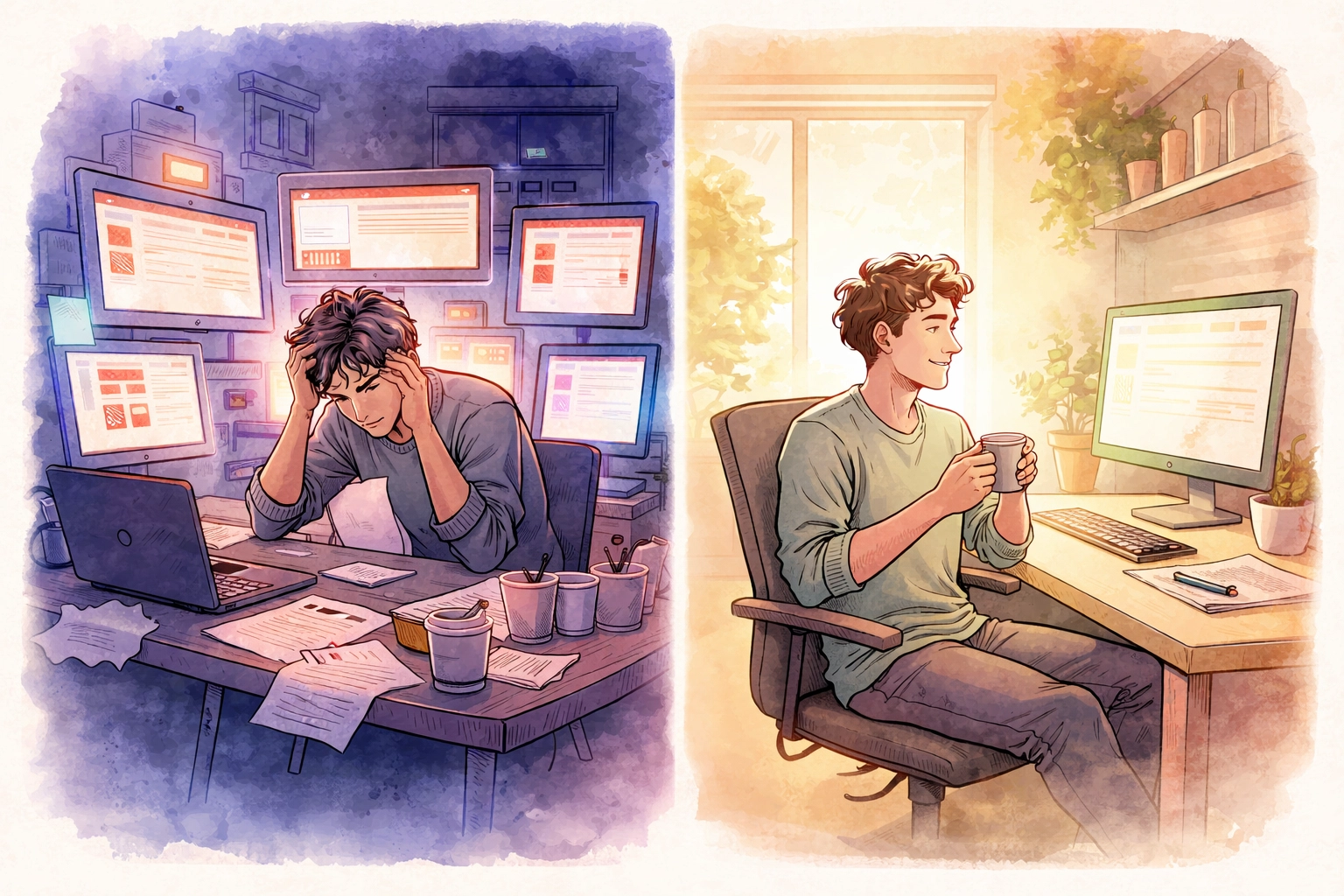 Two contrasting scenes showing digital overload versus calm focus, highlighting tech's impact on neurodivergent individuals.