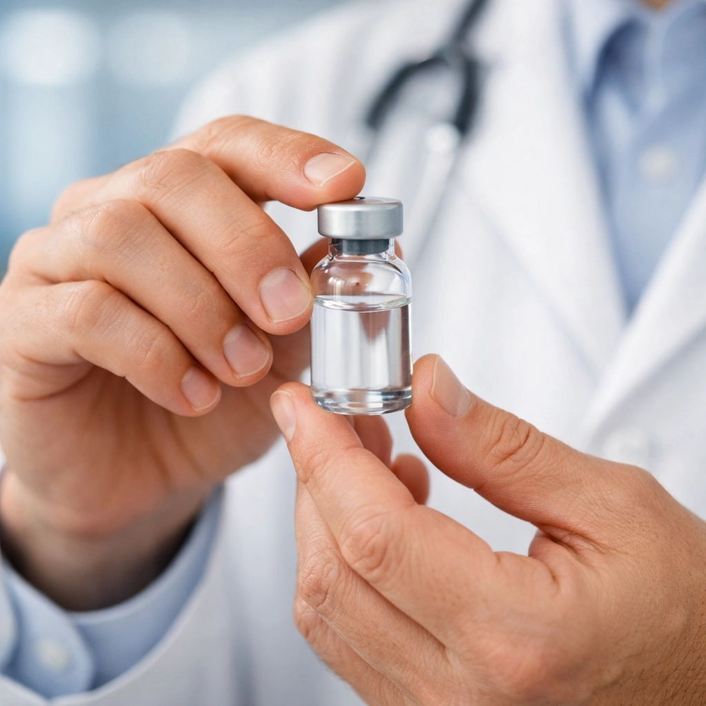 Licensed healthcare provider holding a medication vial during a clinical weight loss consultation.