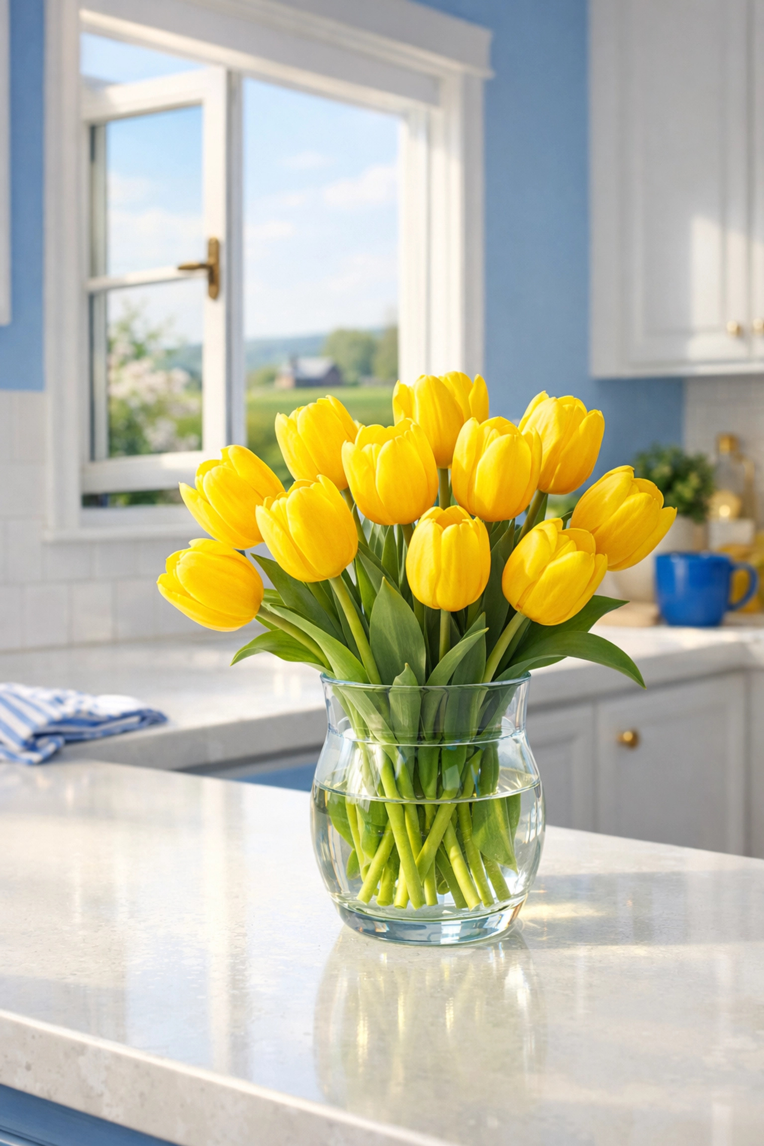 Fresh yellow tulips on a sparkling clean kitchen island in a Lancaster home after a spring cleaning refresh.
