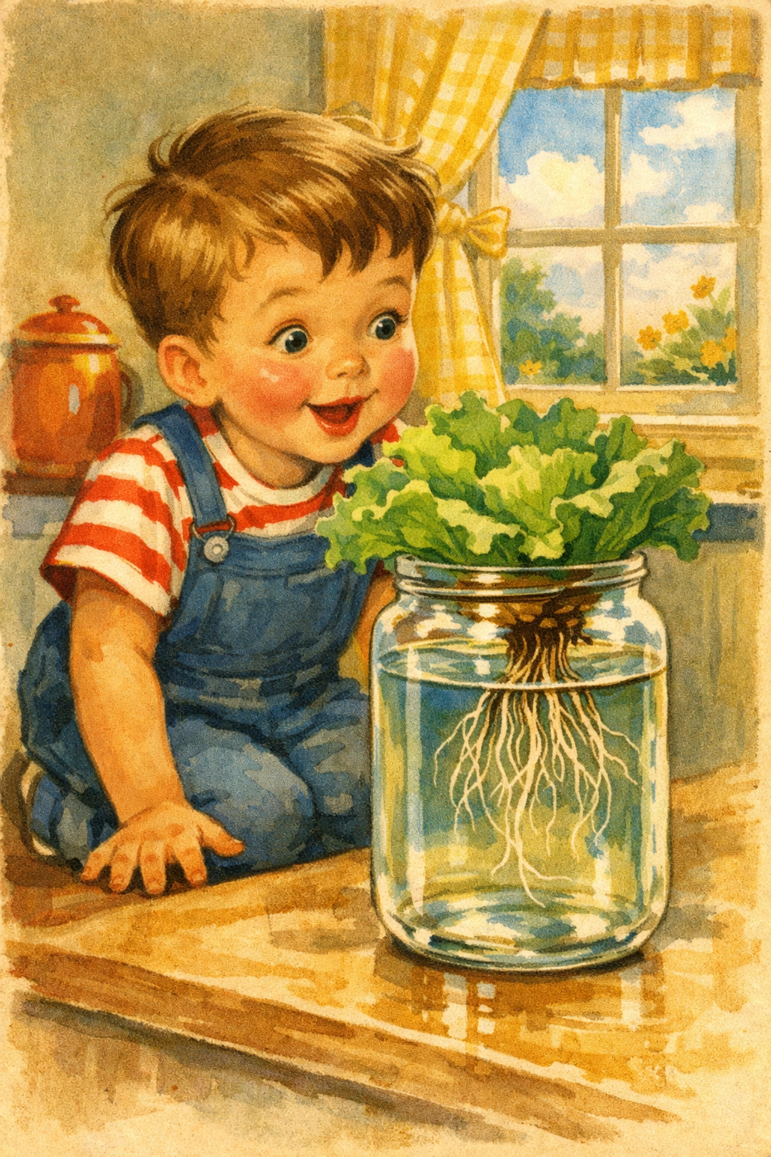 Child observing lettuce roots growing in a mason jar hydroponic system